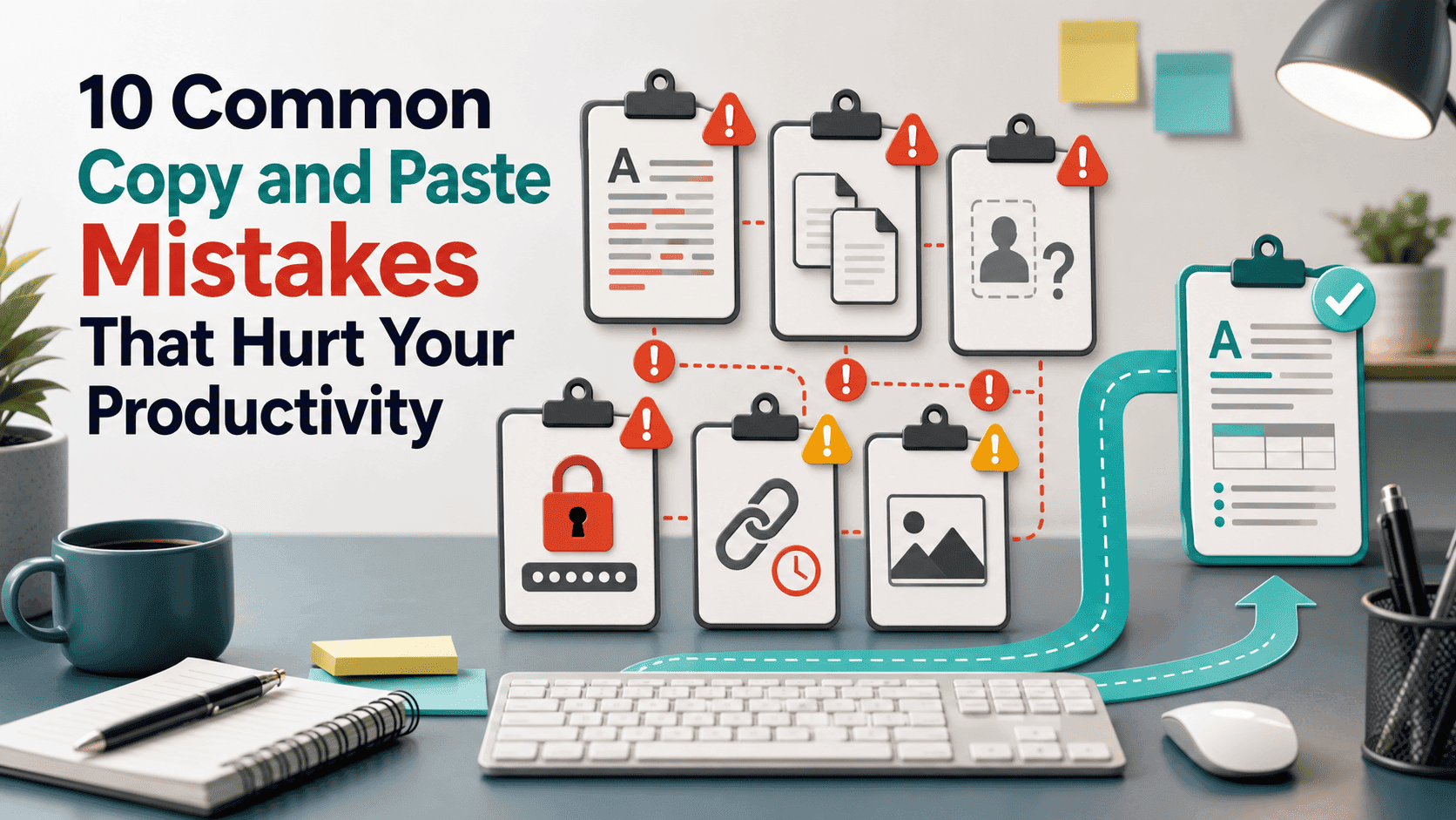 copy and paste productivity mistakes shown with clipboard warning icons