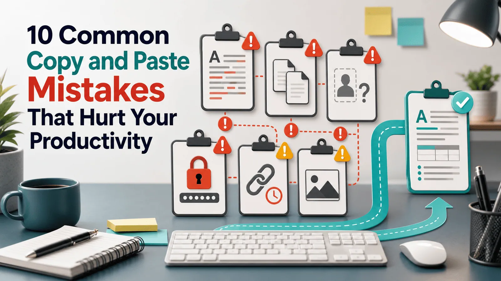 copy and paste productivity mistakes shown with clipboard warning icons