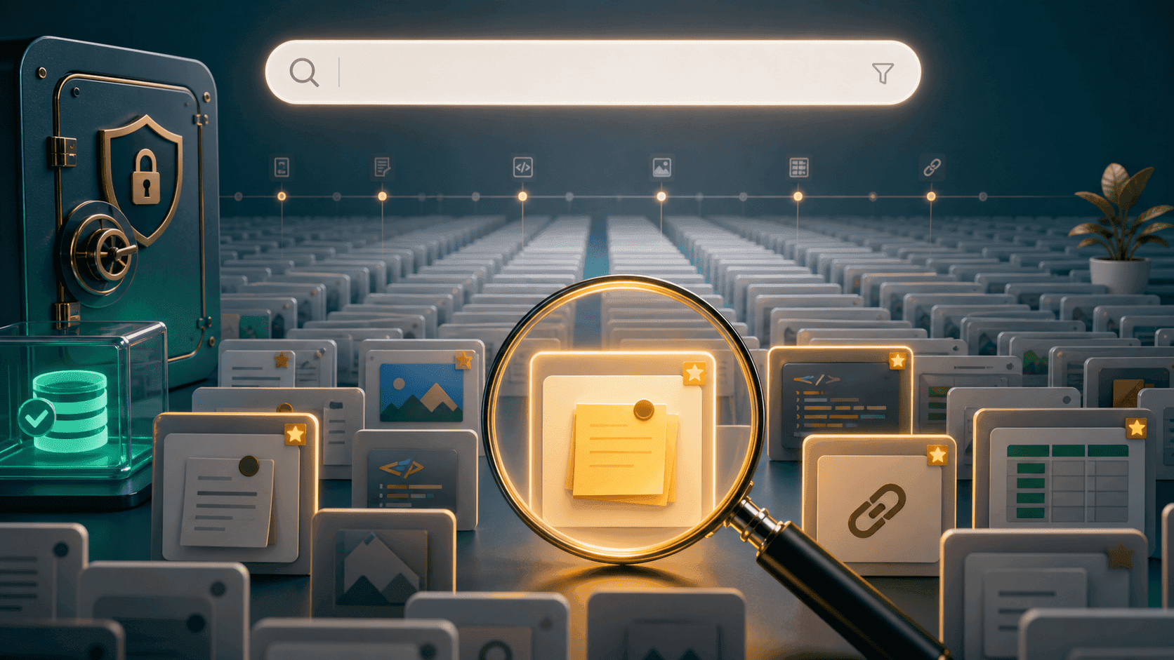 searchable clipboard history with a magnifying glass over copied items