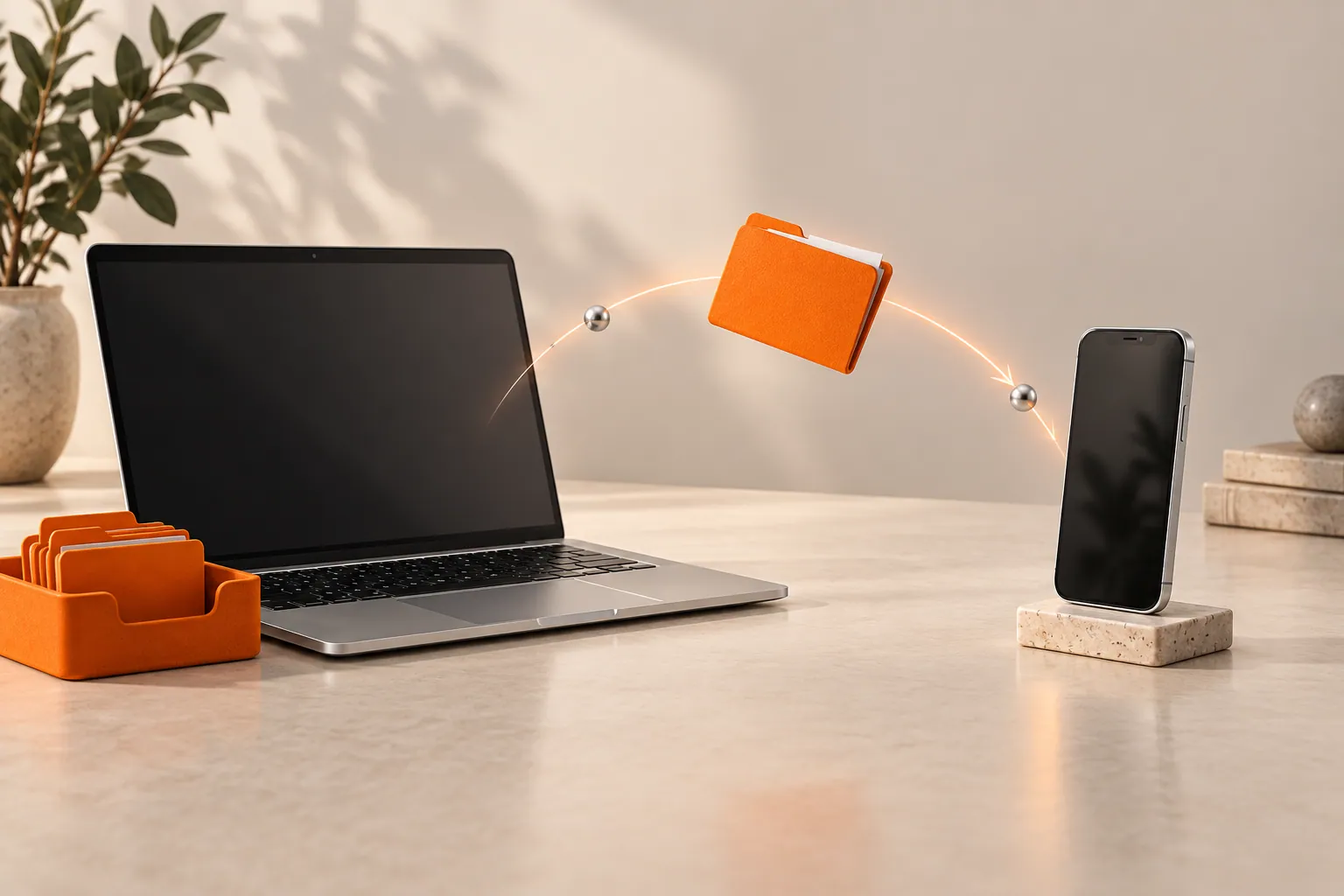 An orange file packet travelling from a laptop and collection tray toward a nearby phone