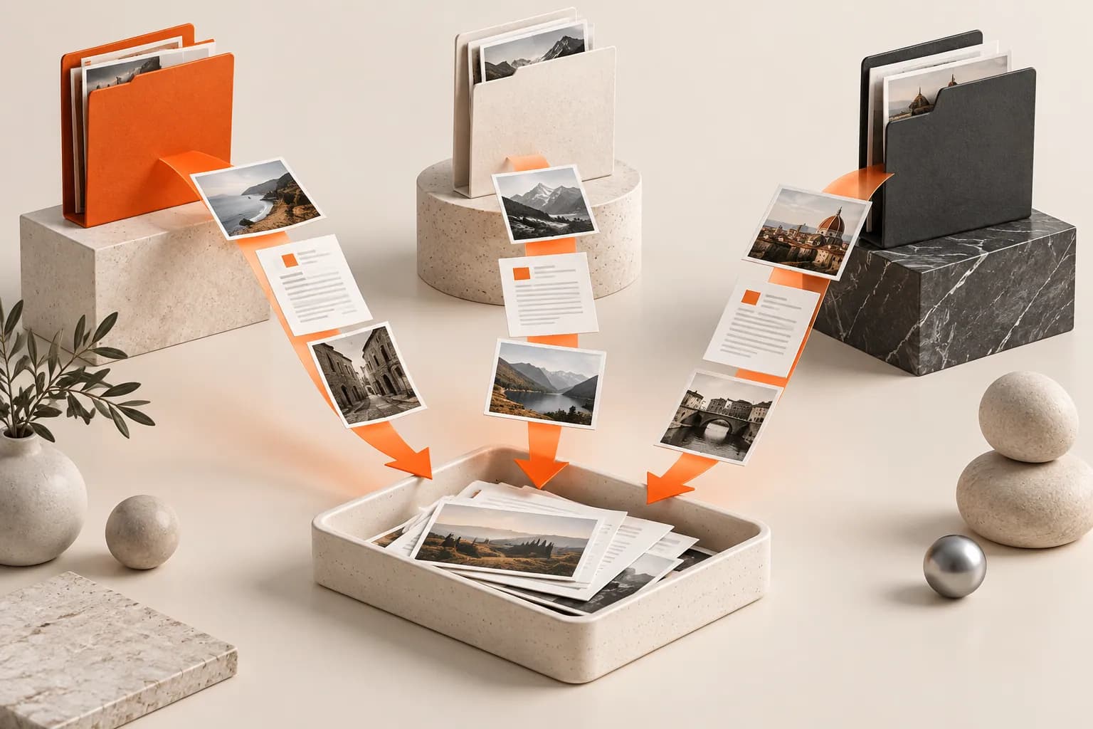 Three separate folders sending documents and photographs into one collection tray