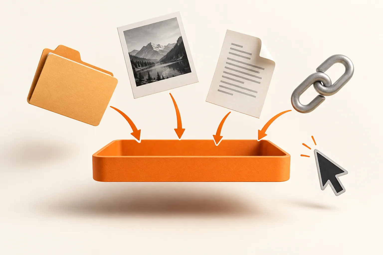 Conceptual illustration of a folder, photo, text sheet, and link collecting into an orange drag shelf