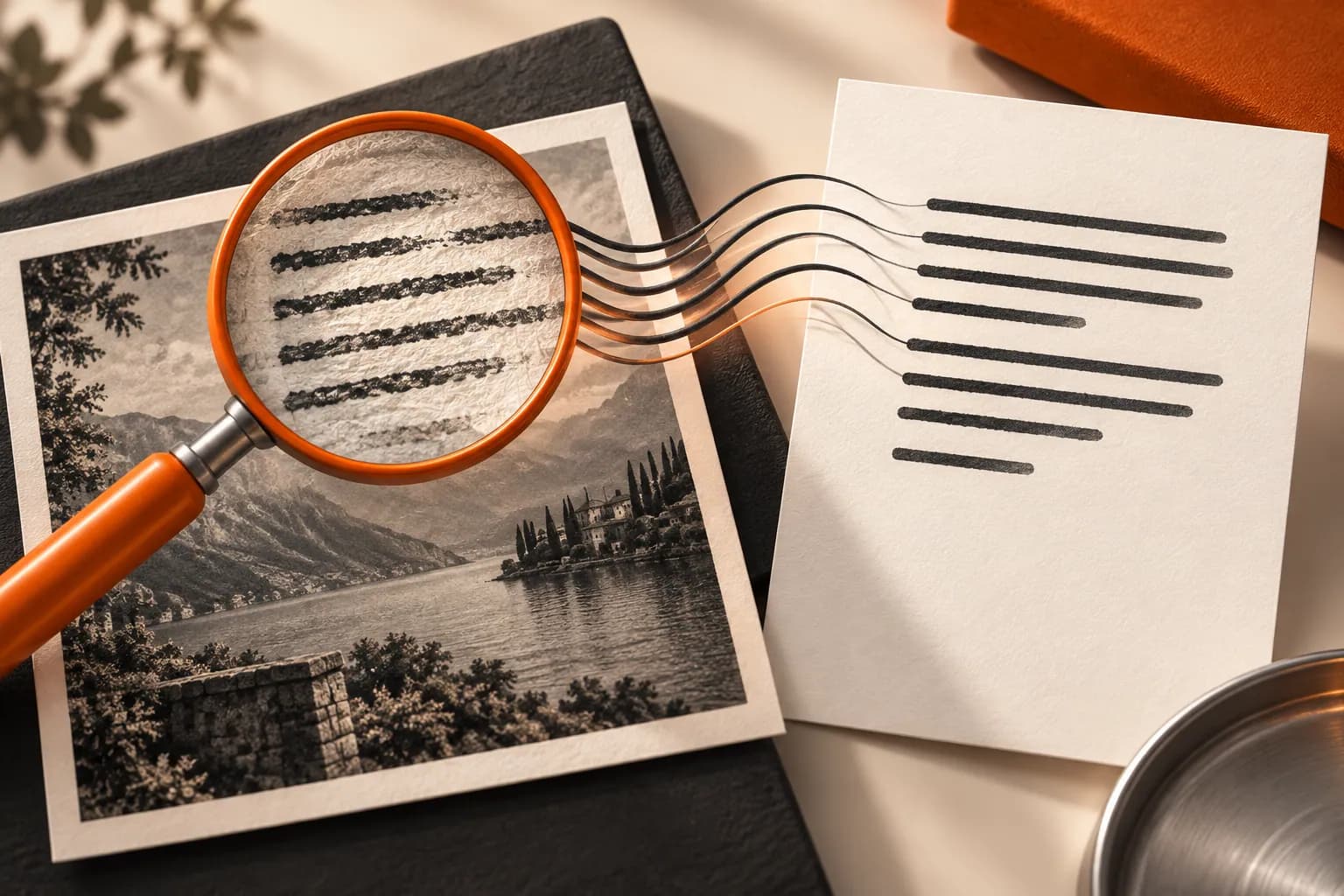 An orange magnifying glass lifting abstract printed lines from a photograph into an editable document
