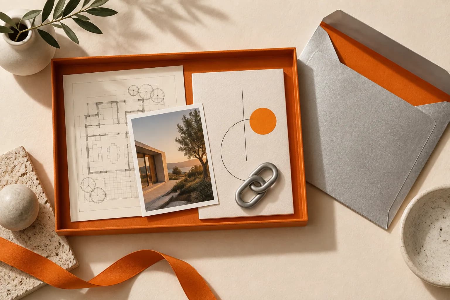 An organized orange project tray containing a plan, photograph, document, and link beside an open delivery envelope