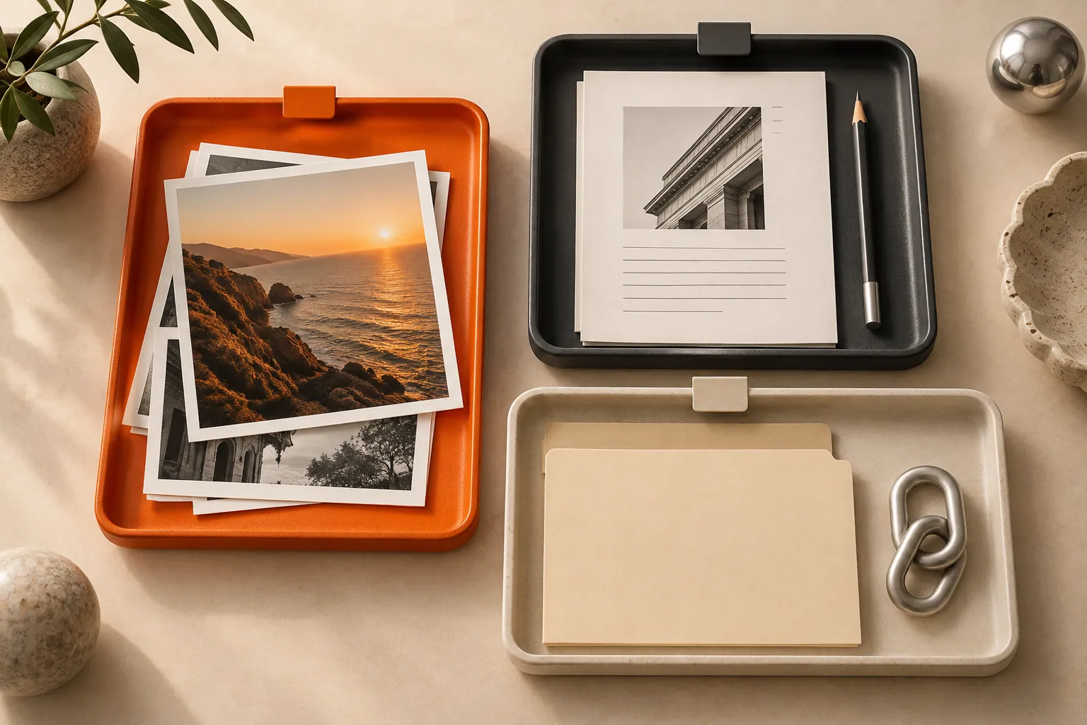 Three separate labeled-by-color trays keeping photographs, documents, and reference materials apart