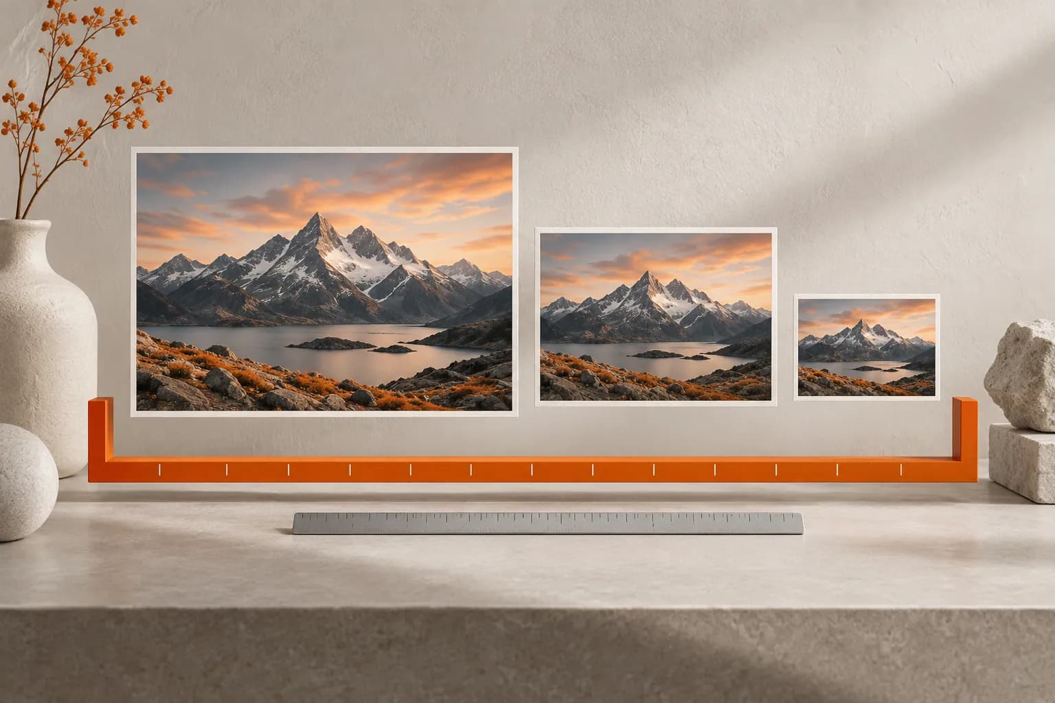 Three copies of the same mountain photograph decreasing in size above an orange measuring frame