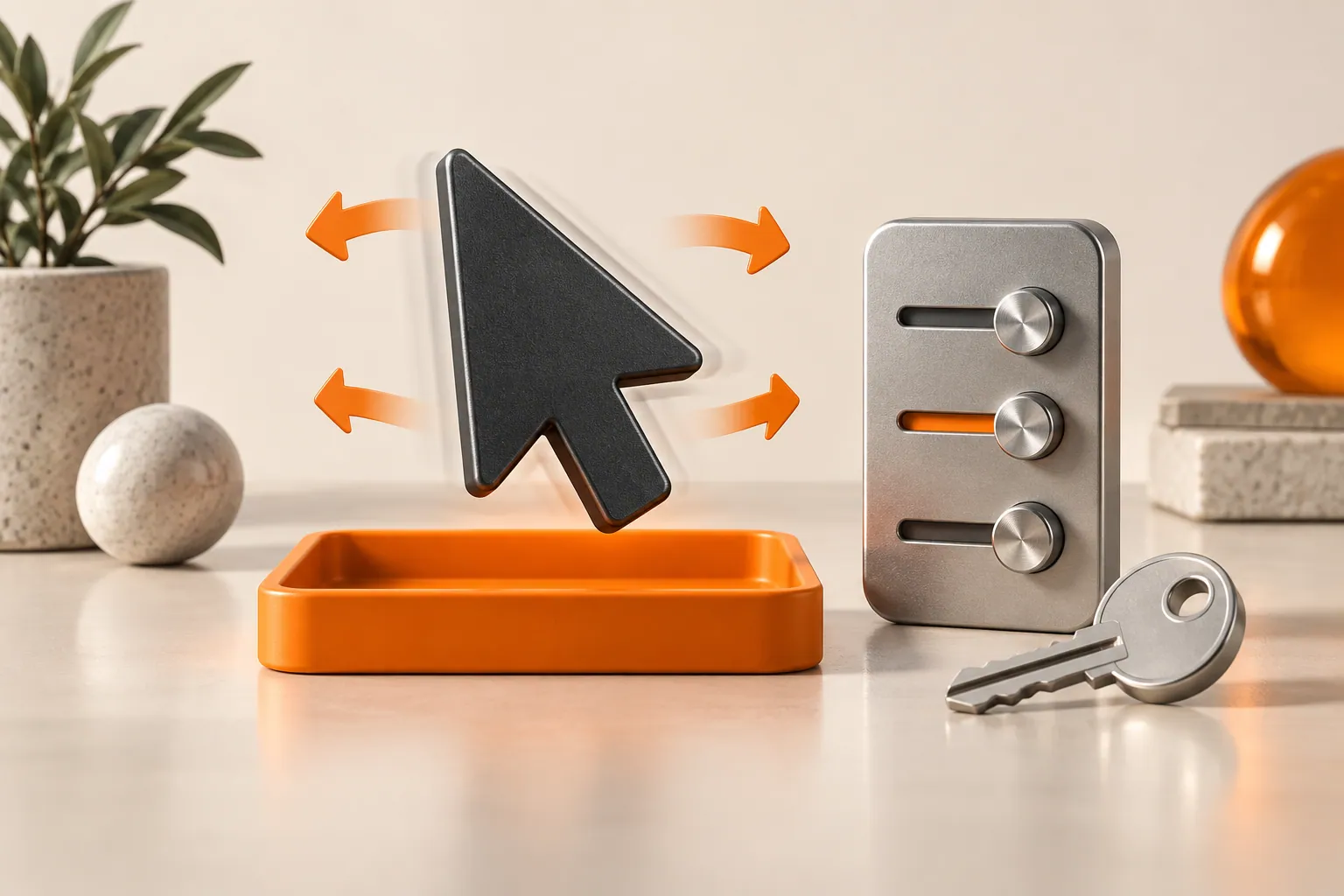 A cursor with alternating shake arrows above an orange tray beside sensitivity controls and a key