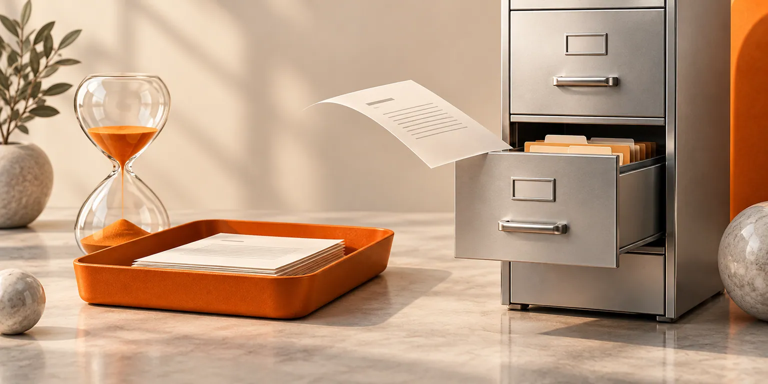 An orange temporary tray and hourglass beside a filing cabinet receiving a document for permanent storage