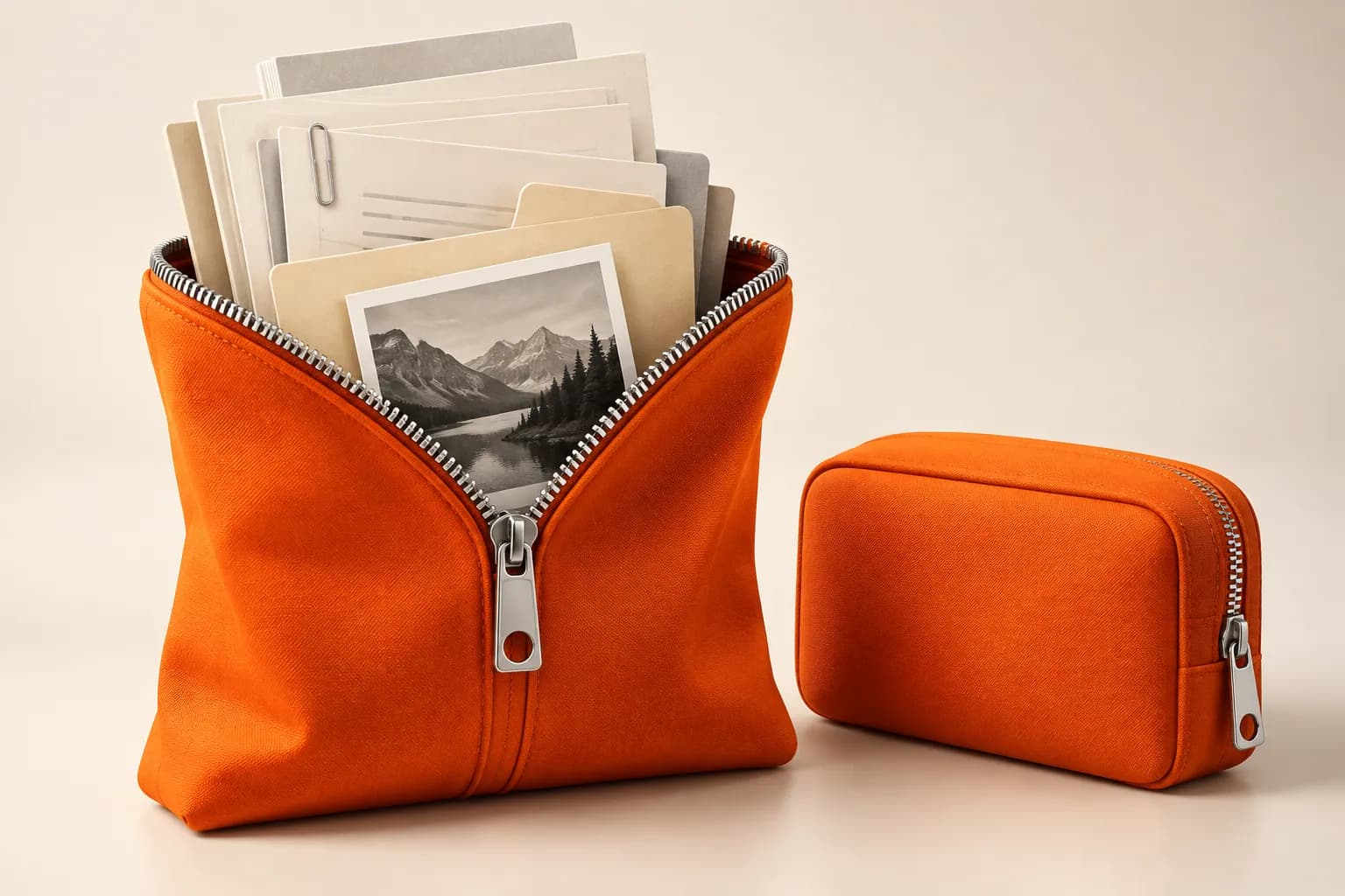Documents and a photograph gathered into an orange zippered archive pouch beside a closed bundle
