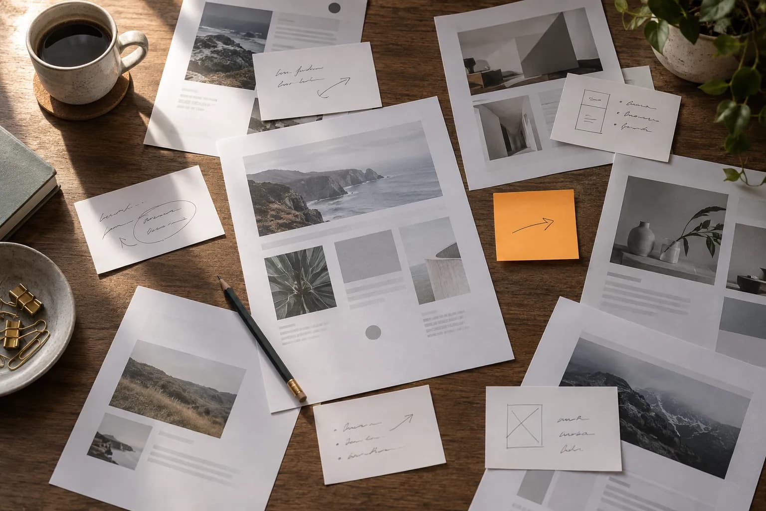 Designer desk with annotated proofs, feedback cards, and an orange sticky note