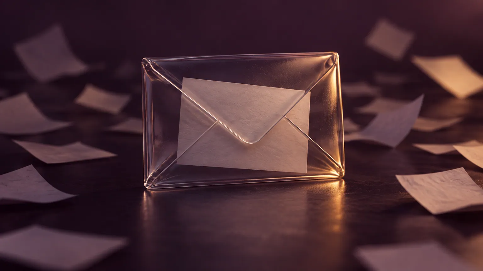 A sealed glass envelope holding a private note amid out-of-focus paper slips