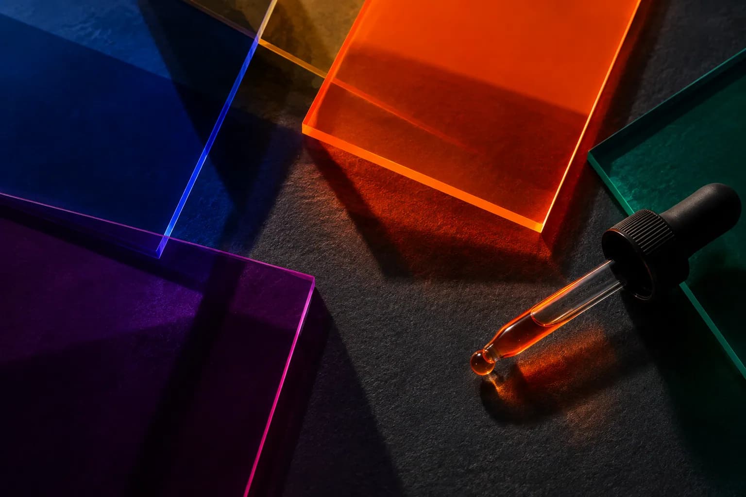 Translucent color swatches and an eyedropper casting saturated shadows