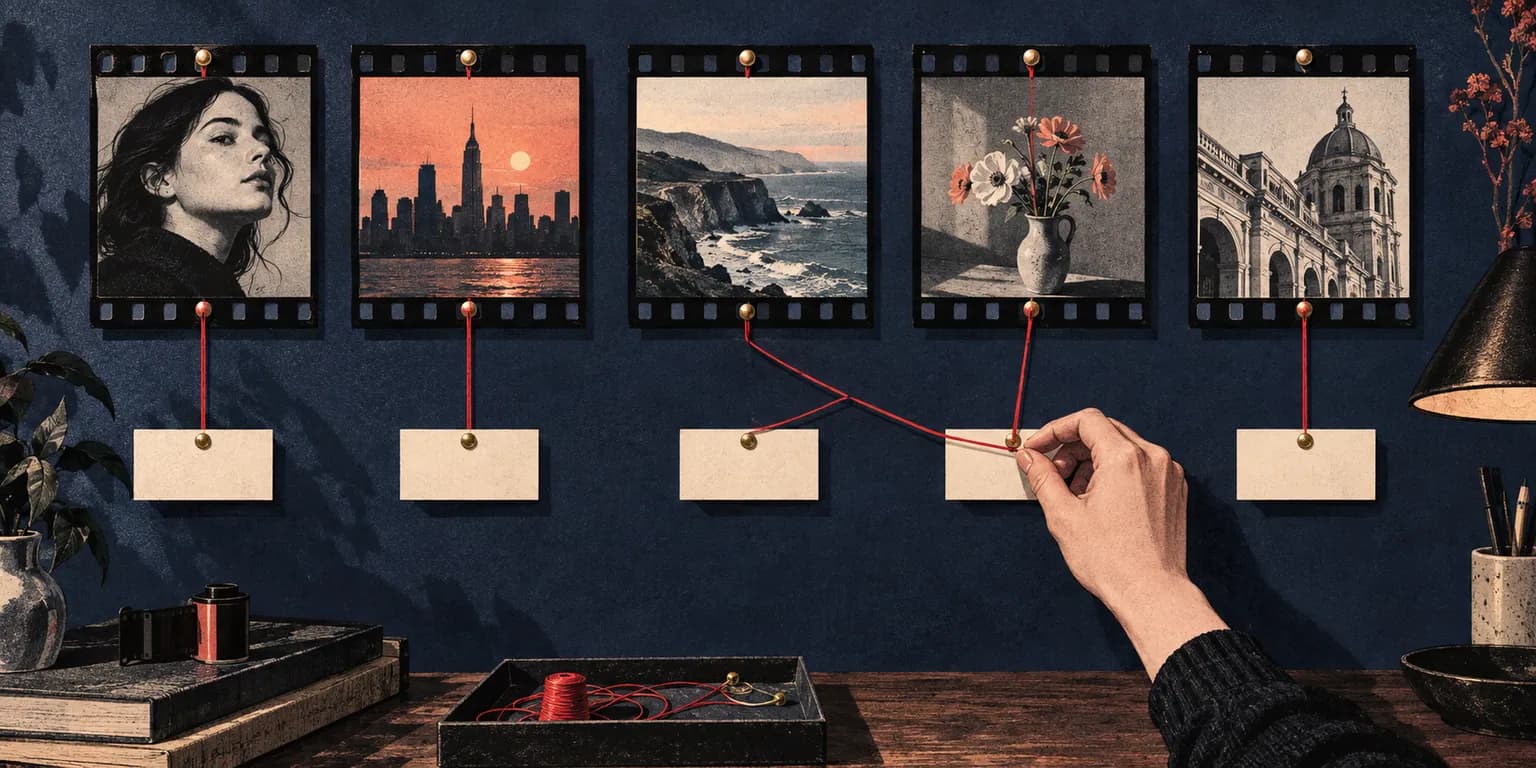 Illustrated film frames connected by red thread to their corresponding caption cards