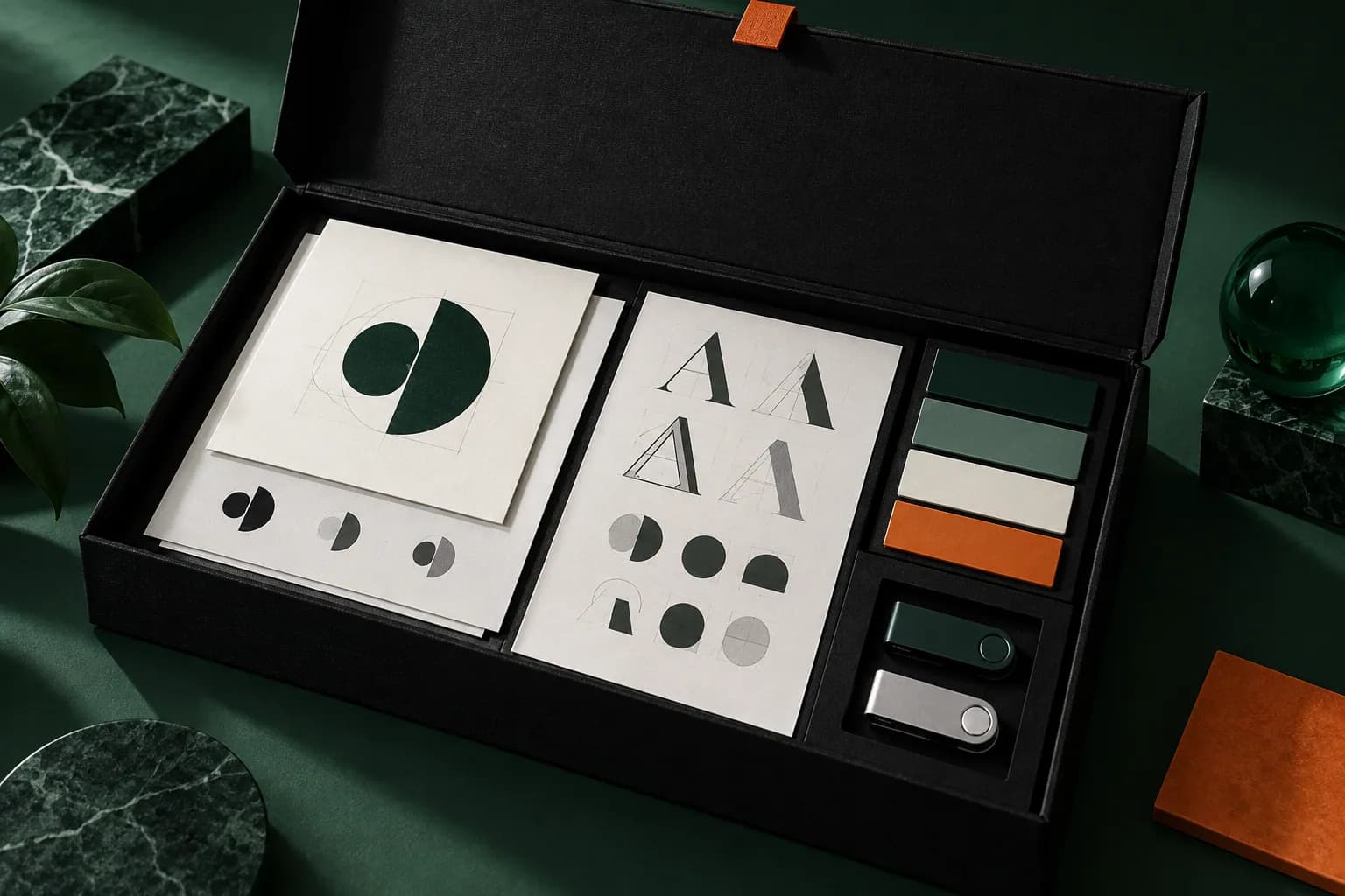 Archival portfolio box holding approved logo sheets, palette chips, and design documents