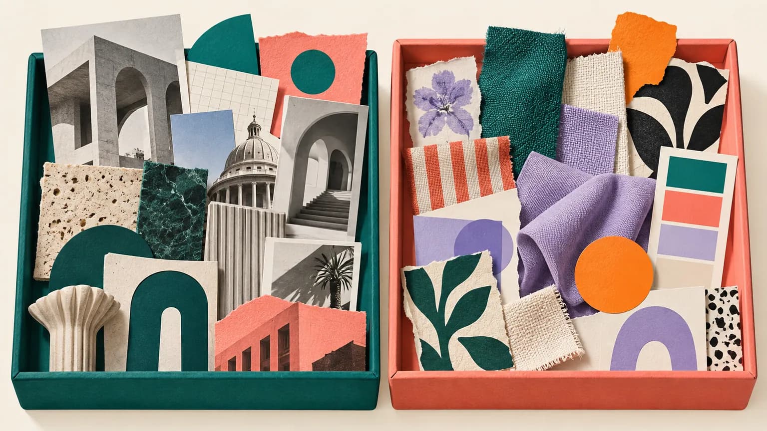 Cut-paper collage of photographs, textures, and abstract type arranged into two distinct trays