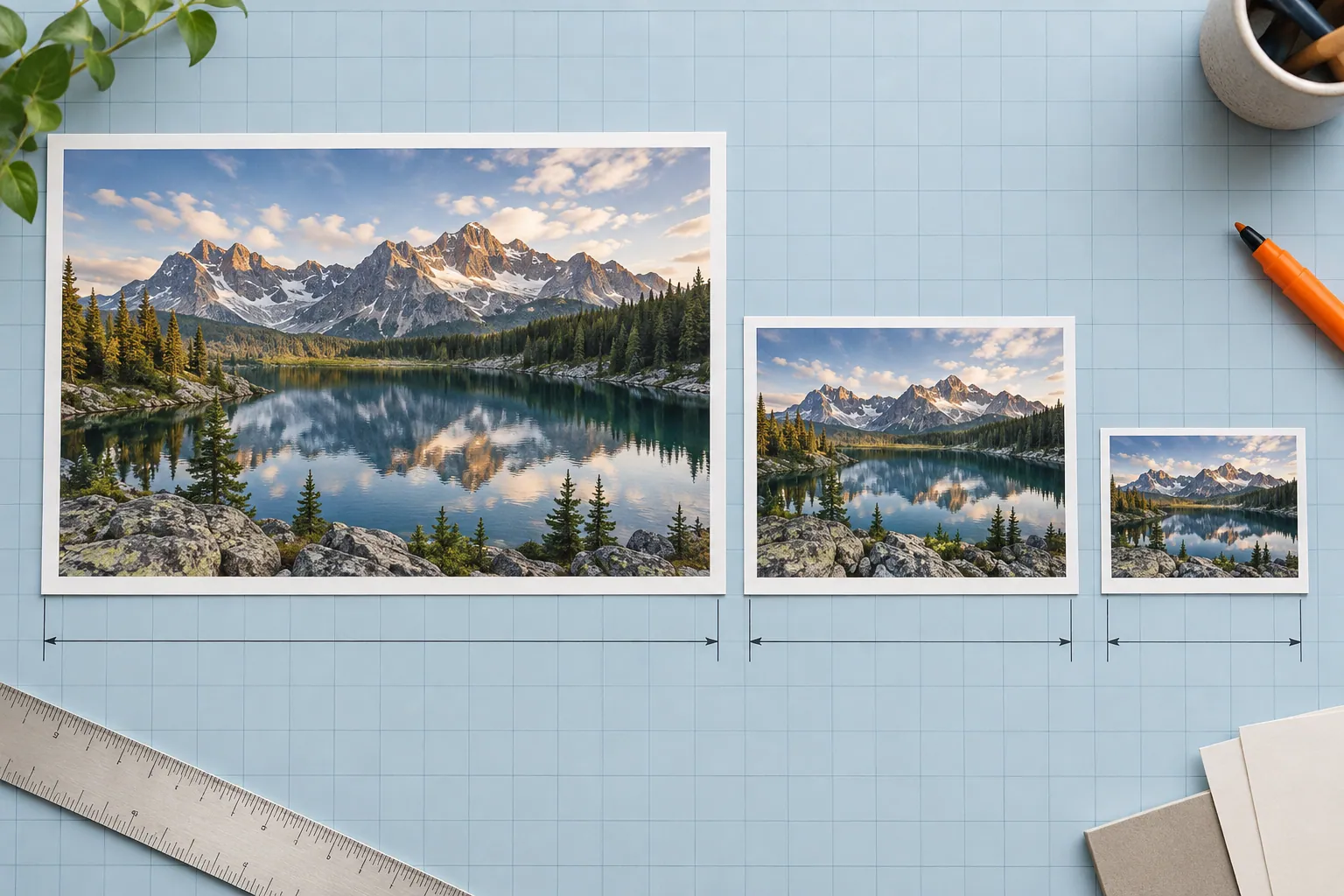 One landscape photograph represented as a source print and two smaller delivery copies