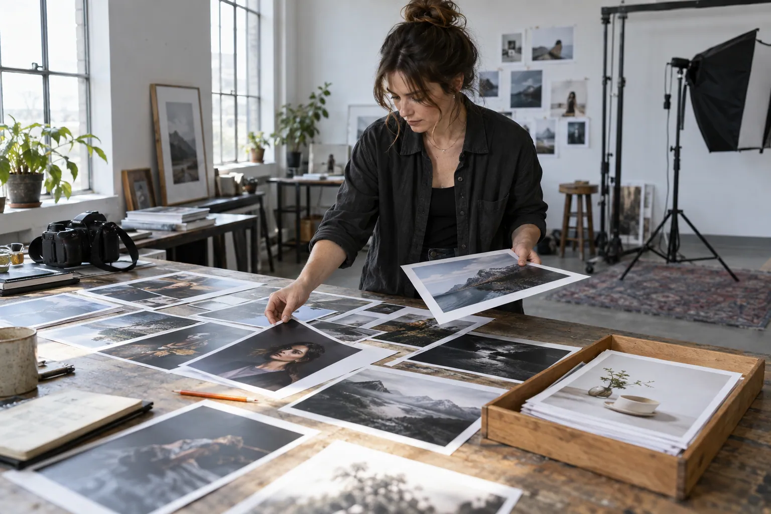 Photographer sorting selected contact prints into a tray in a daylight studio