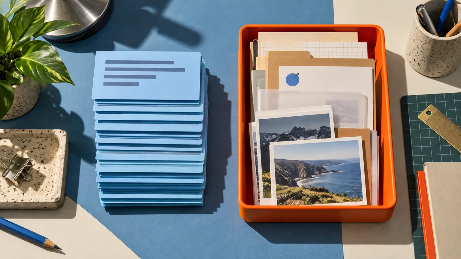 Blue copied-text cards beside an orange tray containing design files and photo prints