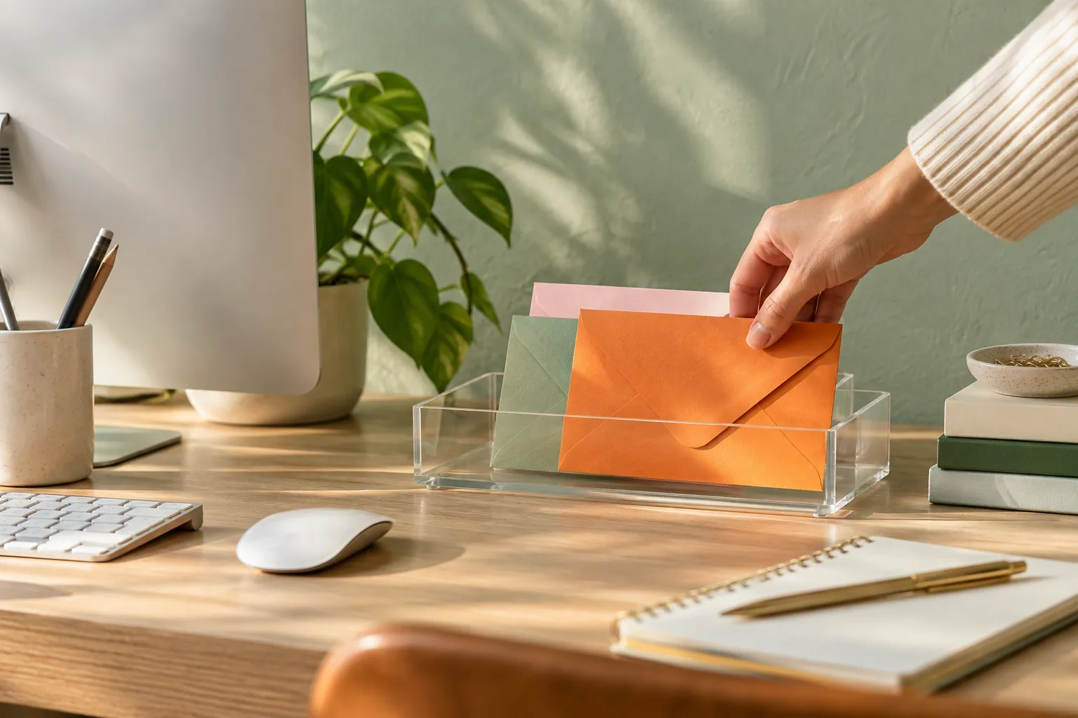 A hand placing orange and green envelopes into a clear desktop tray