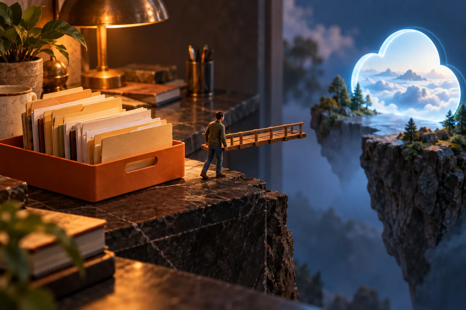 Physical file tray on a desk separated from a luminous cloud landscape by a deliberate bridge