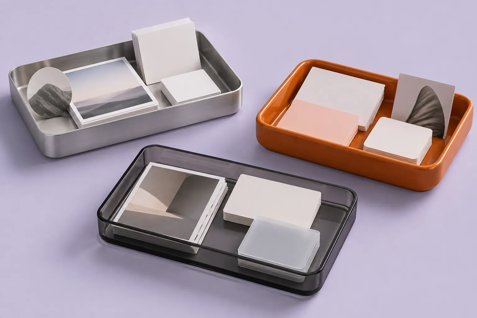 Three distinct aluminum, orange ceramic and smoked-glass project trays on a lilac surface