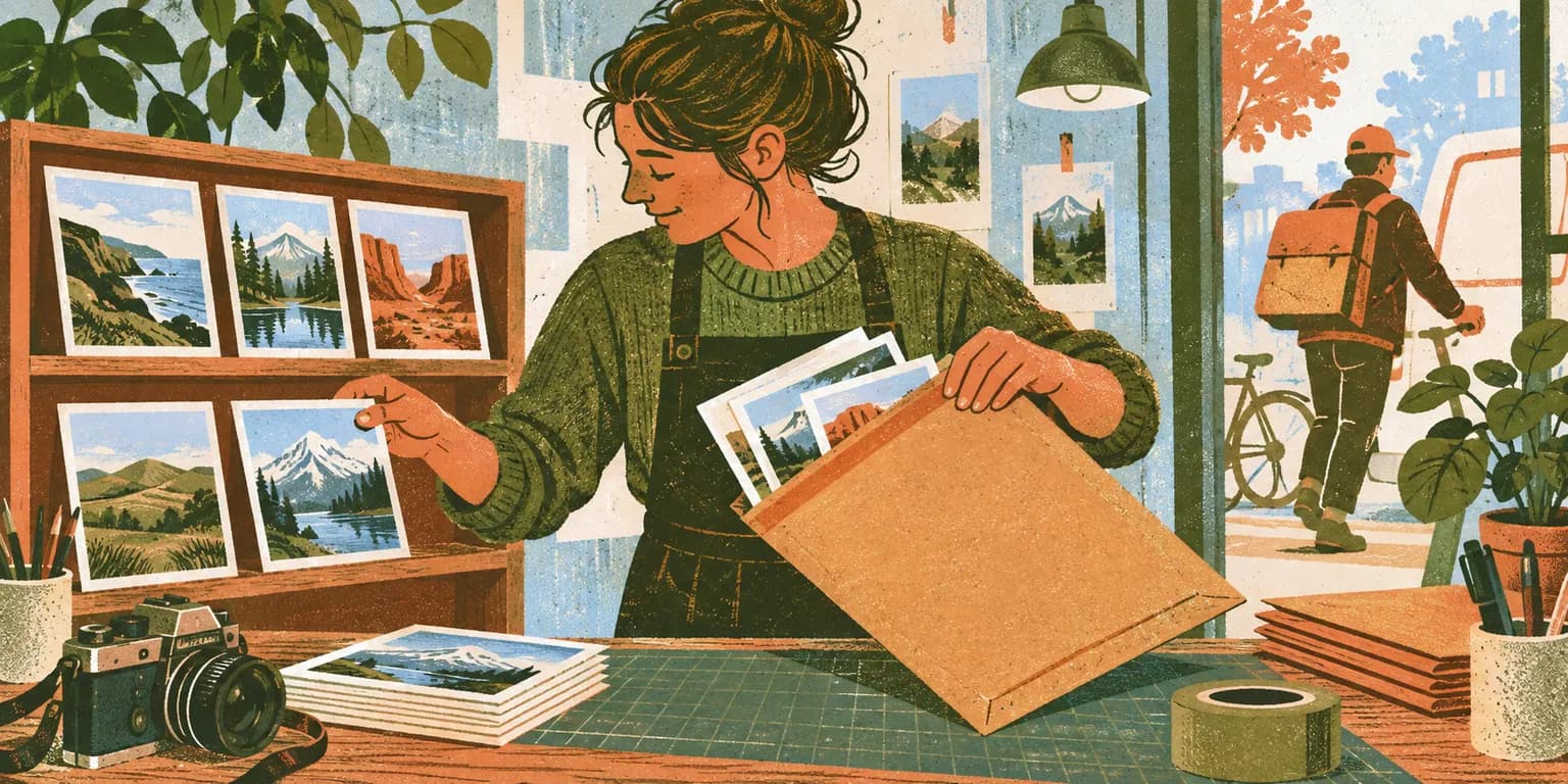 Risograph illustration of a photographer selecting prints for a delivery envelope