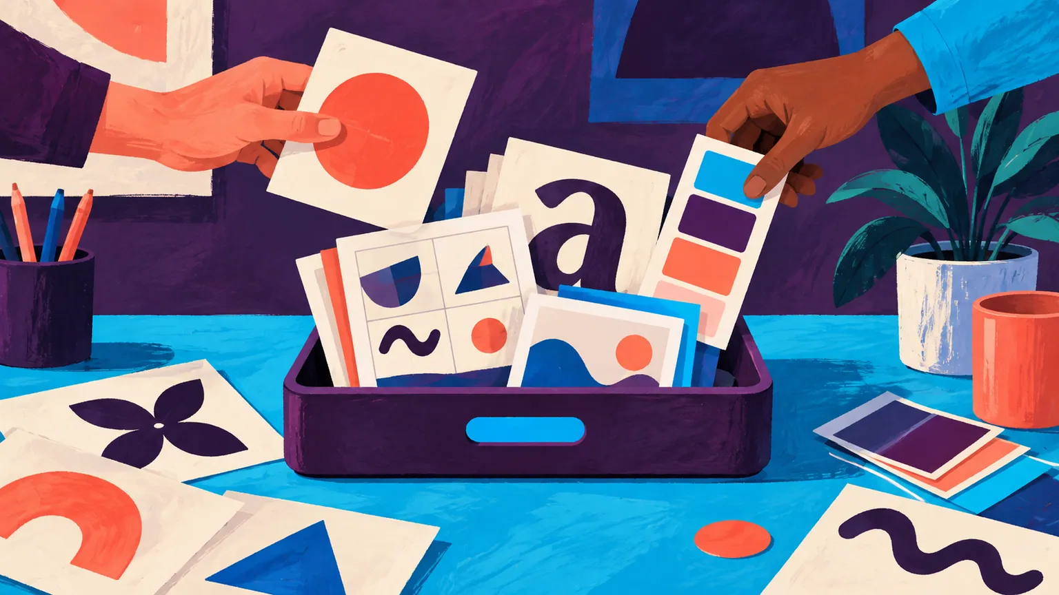 Gouache illustration of hands gathering abstract design sheets and palette cards in a tray