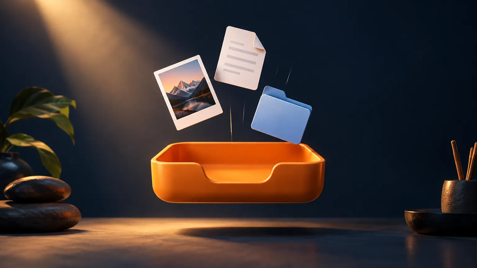 Orange floating tray collecting files against a dark blue background