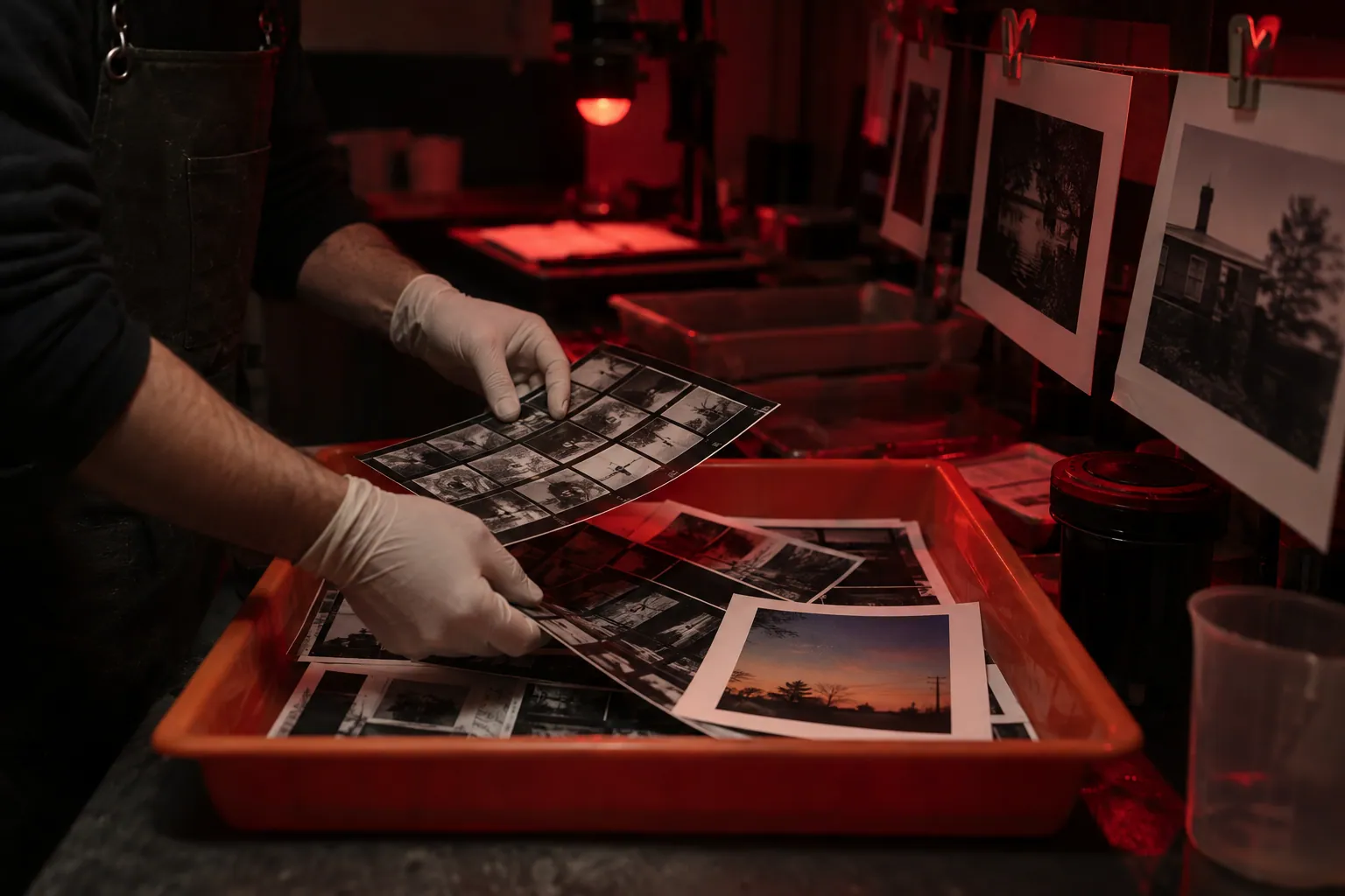 Photographer selecting proof prints in a darkroom and placing them into an orange tray
