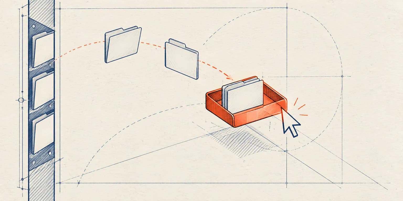 Drafting diagram showing file tiles moving from a screen-edge rail to a cursor-side orange tray