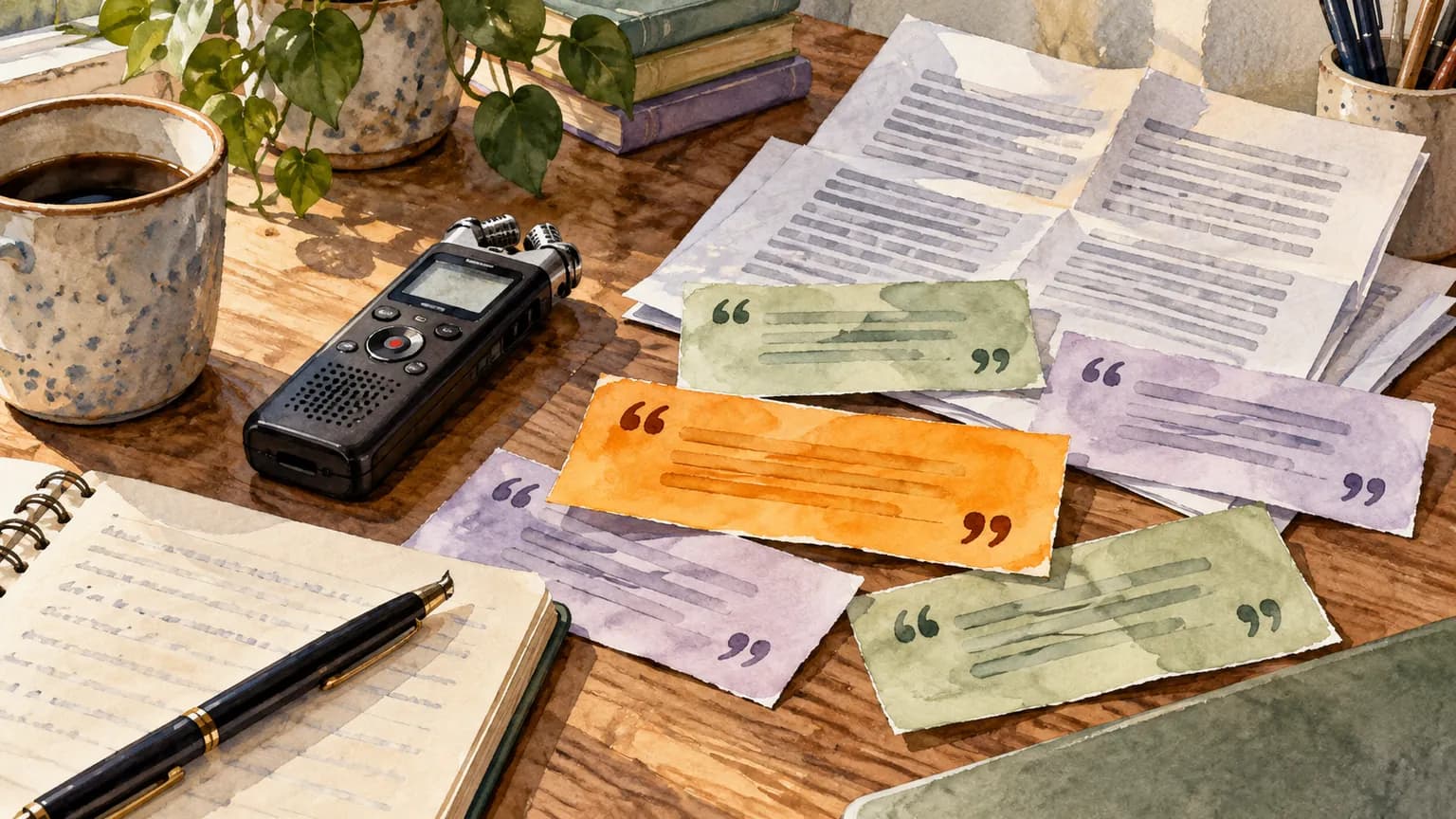Watercolor journalist desk with recorder, transcript pages and colored quote slips