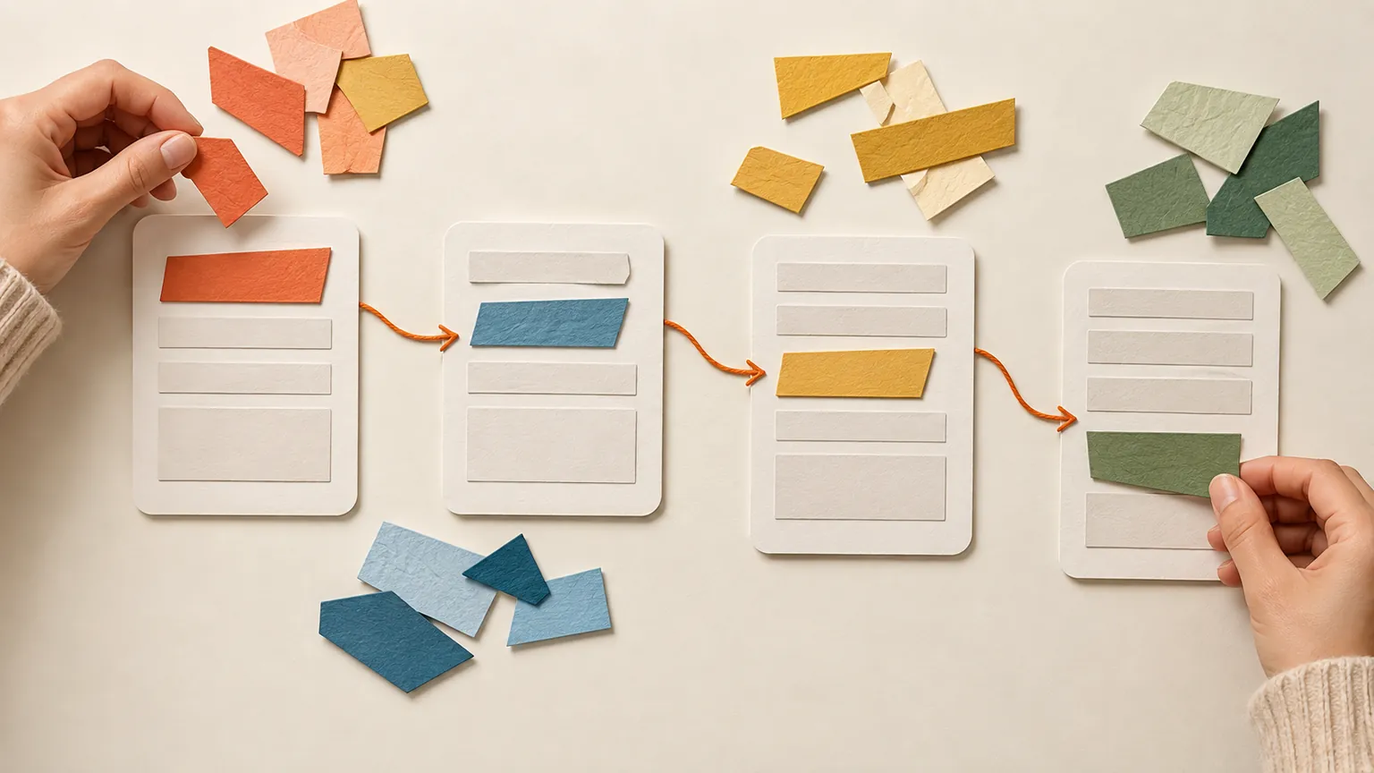 Paper-cut blank form cards connected by an orange thread