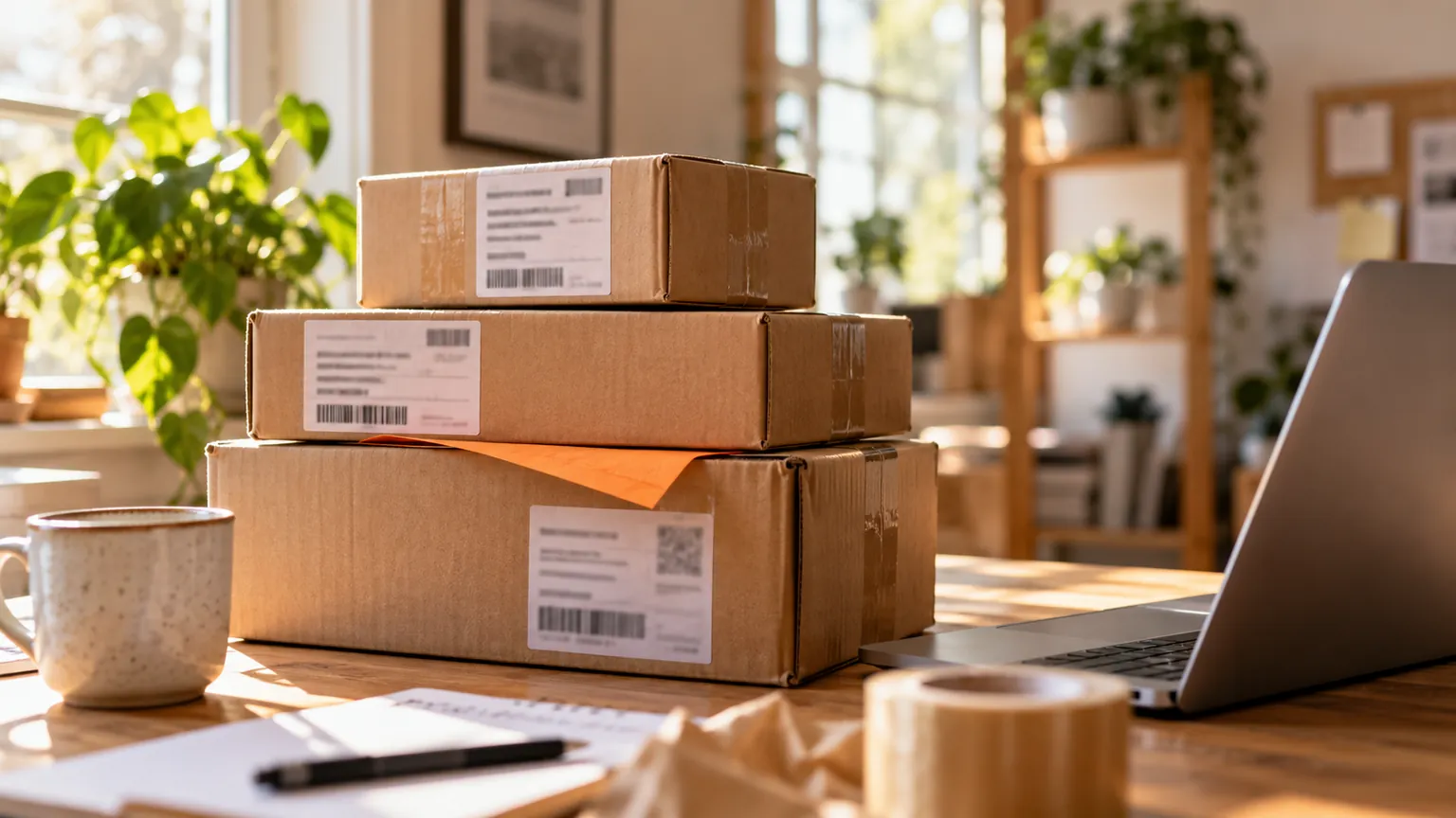 Unbranded parcels and an orange note on a sunlit desk
