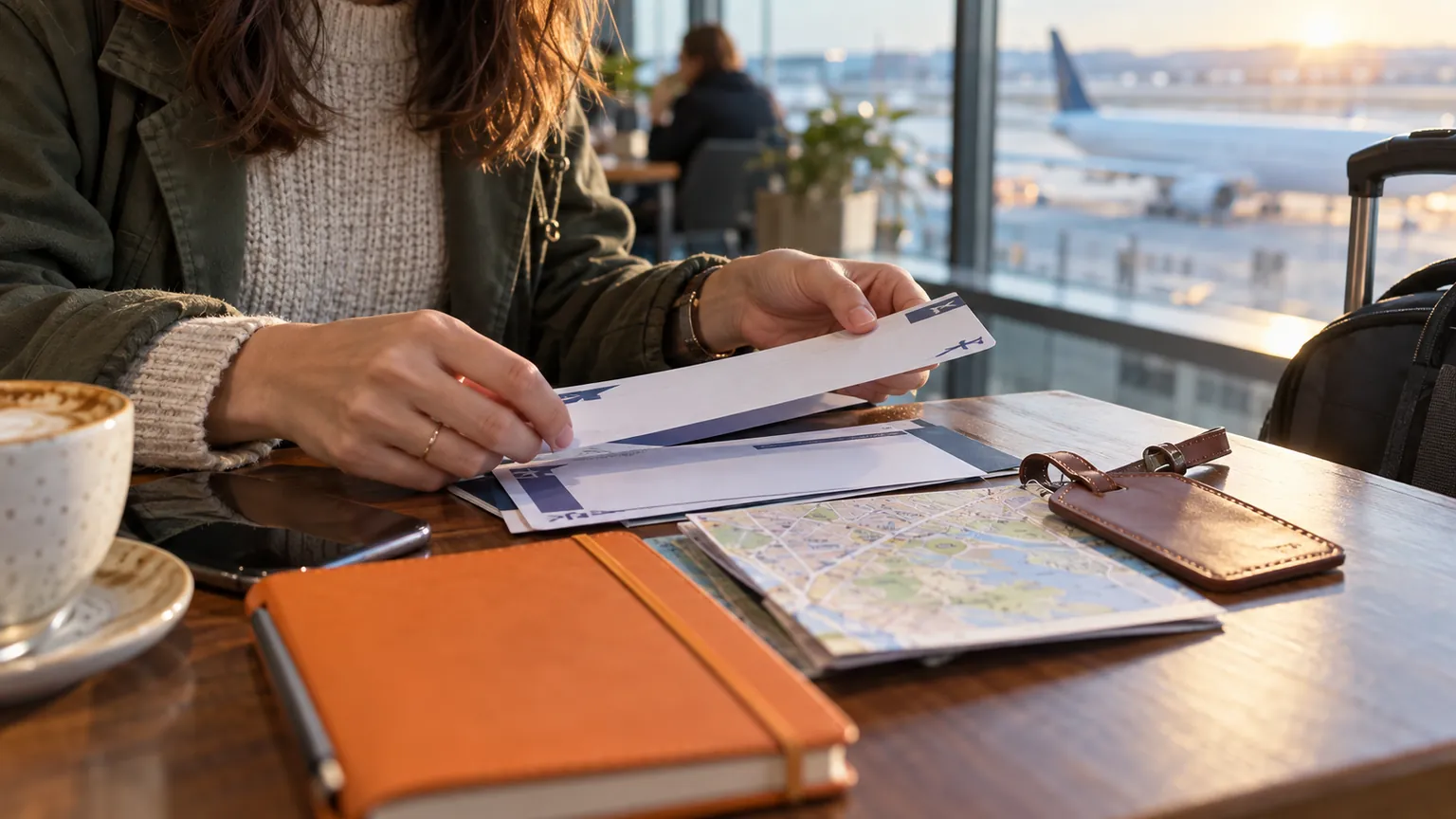 Traveler sorting unmarked itinerary papers beside an orange notebook at an airport café