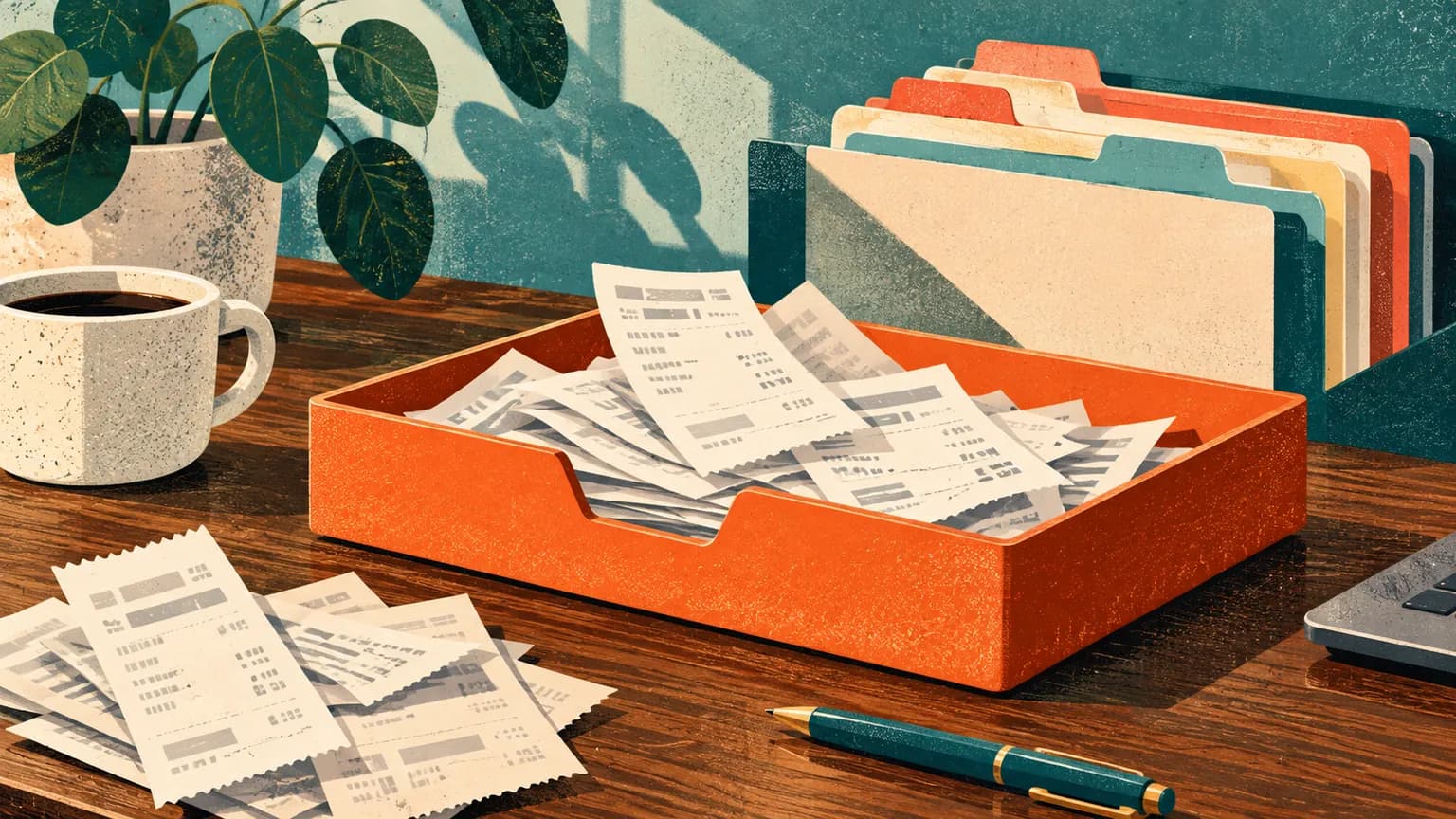 Screen-print illustration of receipt papers in an orange tray beside folders