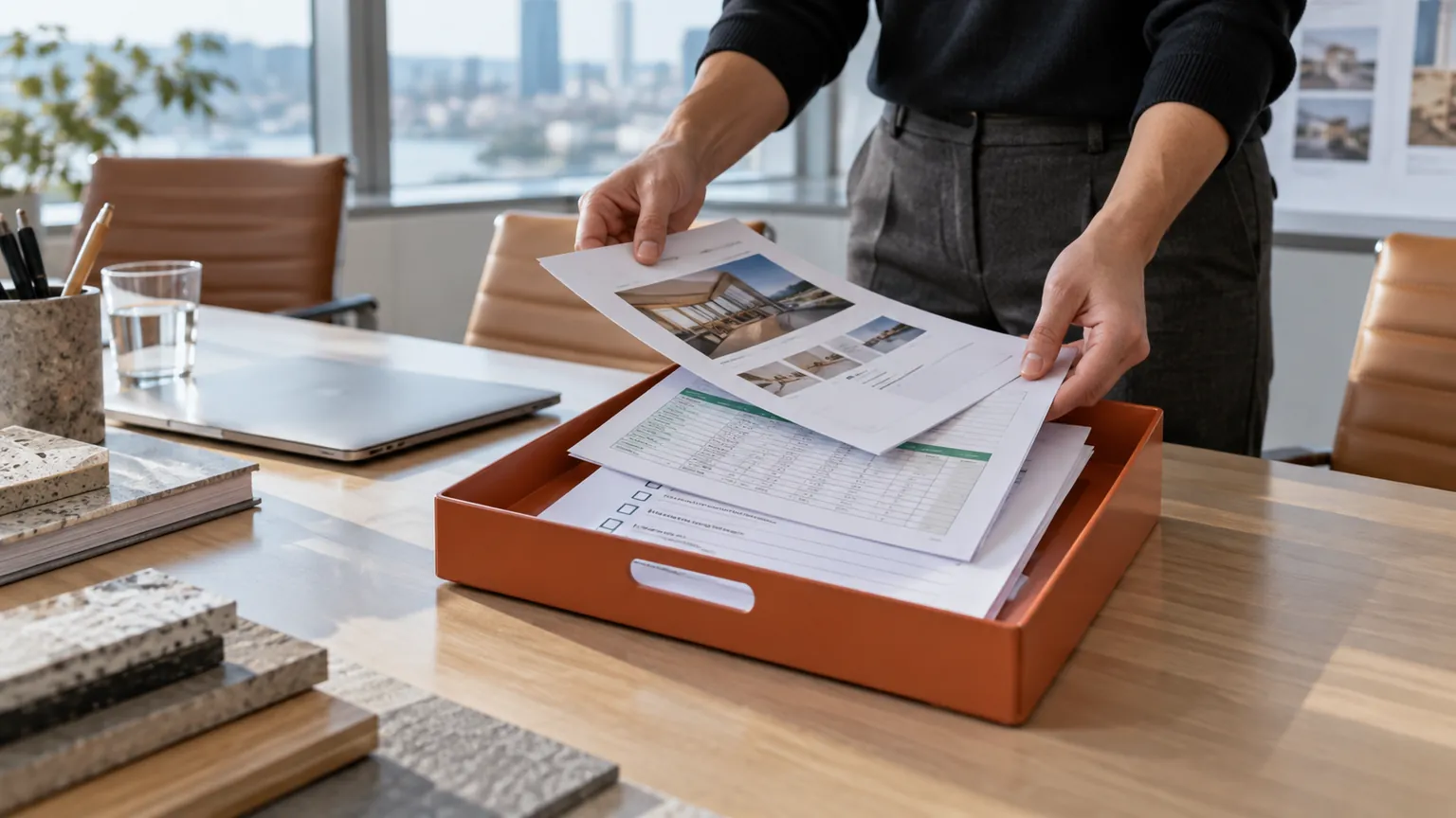 Facilitator arranging meeting papers in an orange tray