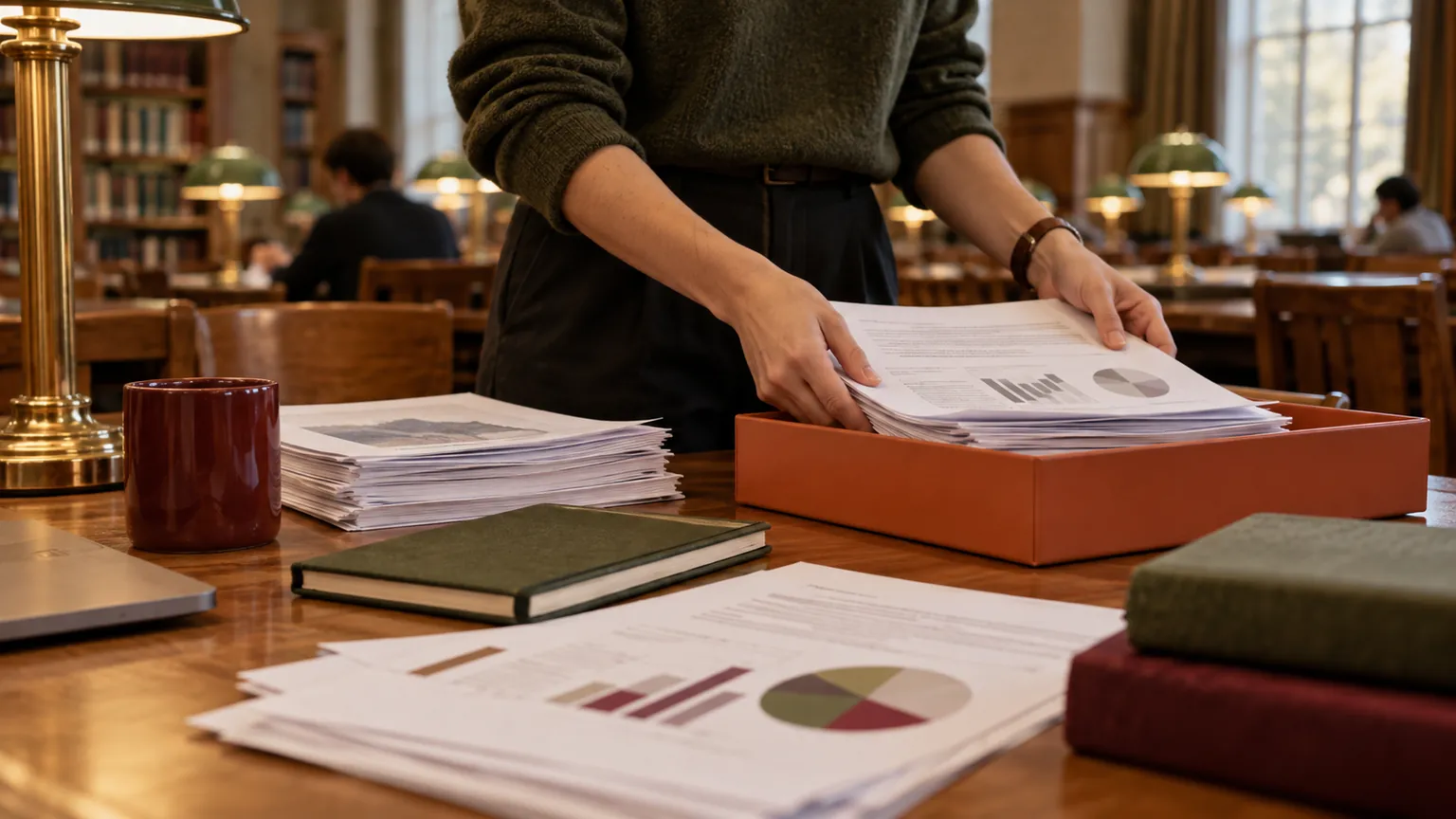 Researcher sorting chart papers into an orange tray in a library