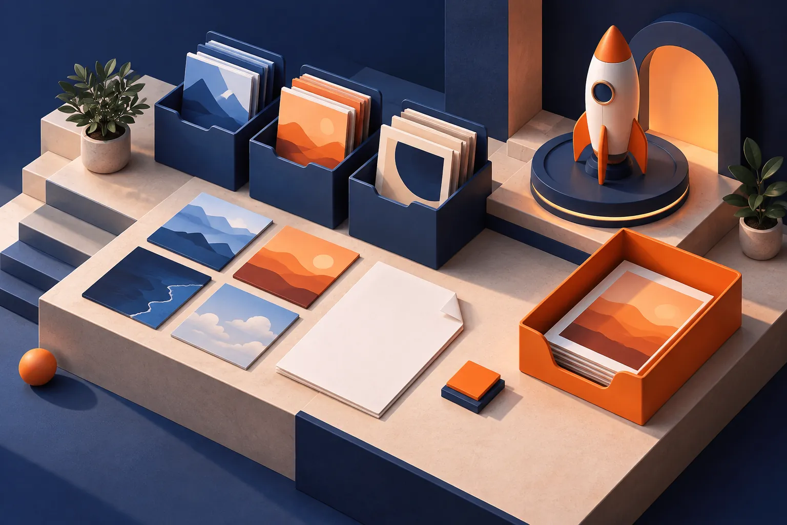 Isometric launch staging scene with image tiles and an orange file tray
