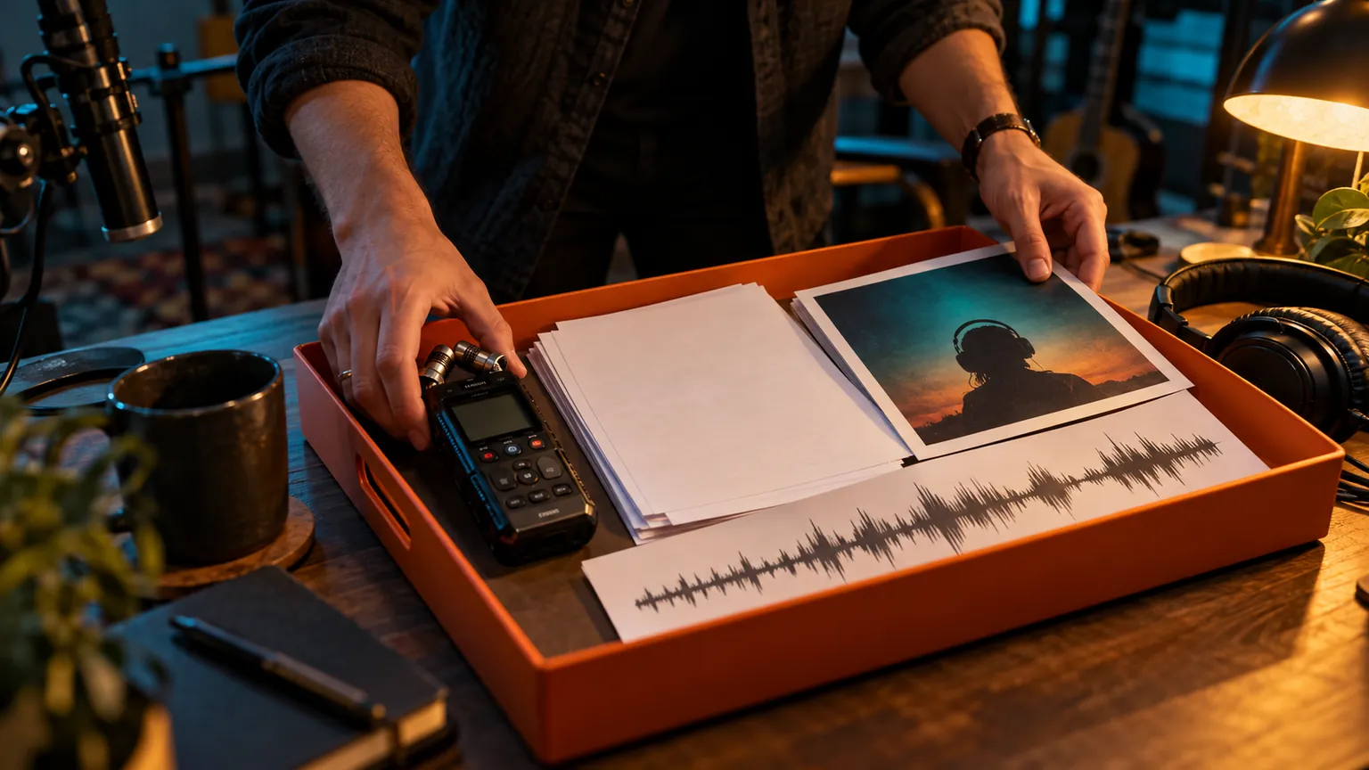Producer gathering podcast recorder, artwork and transcript in an orange tray