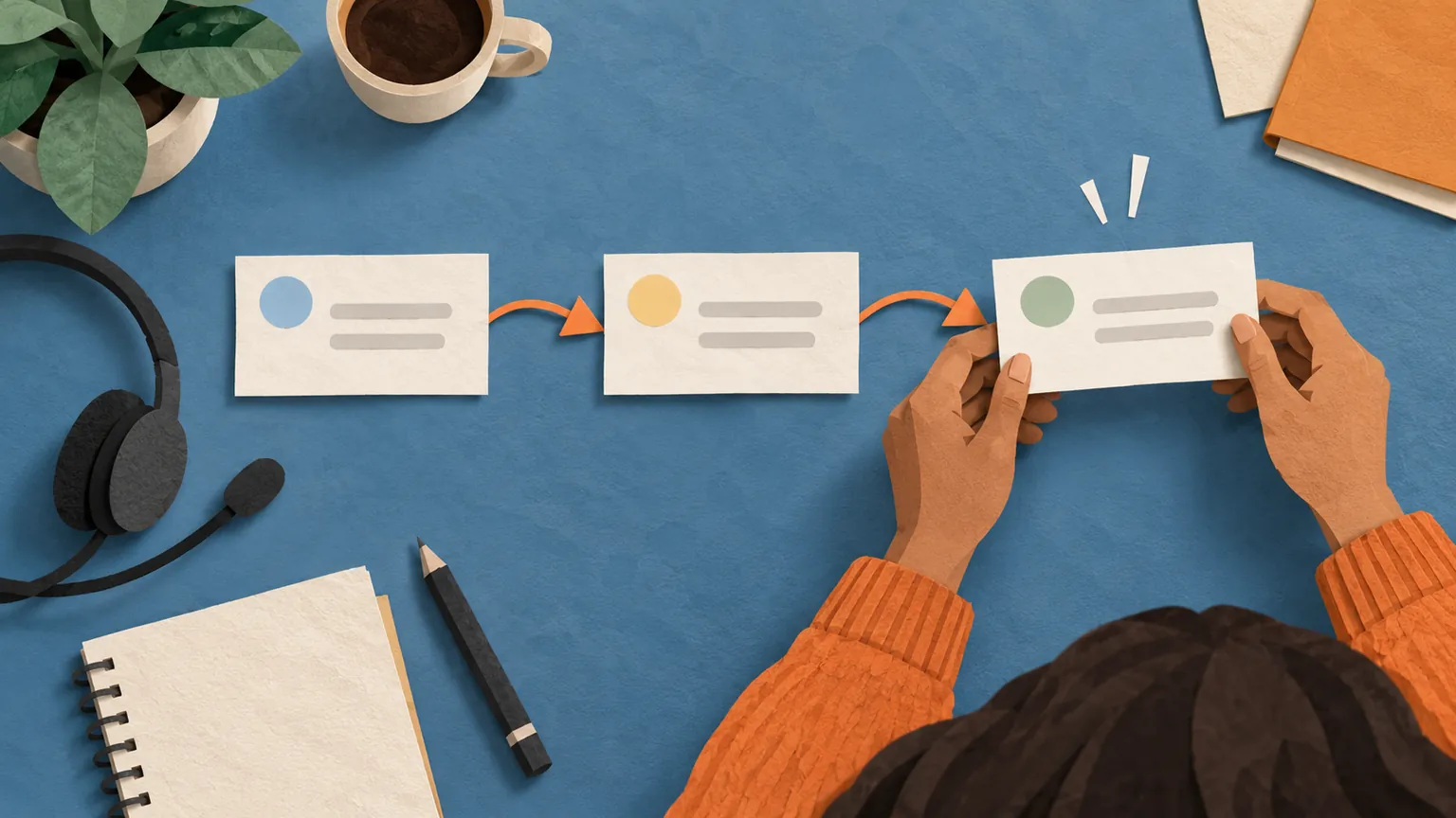 Three blank support message cards linked in sequence on a blue desk