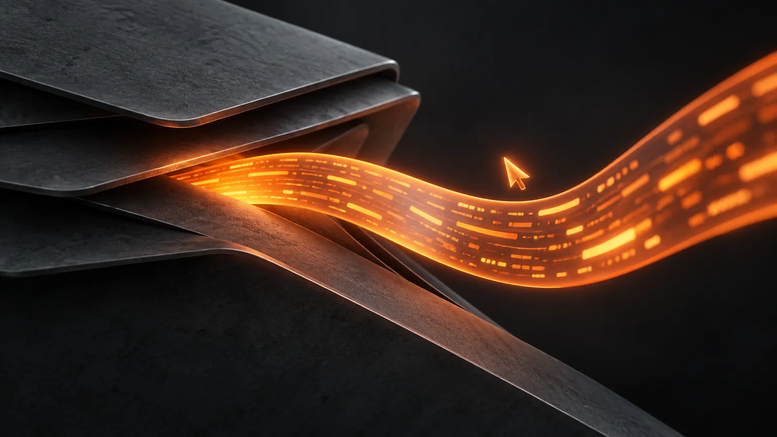 Abstract orange command ribbon emerging from dark layered panels