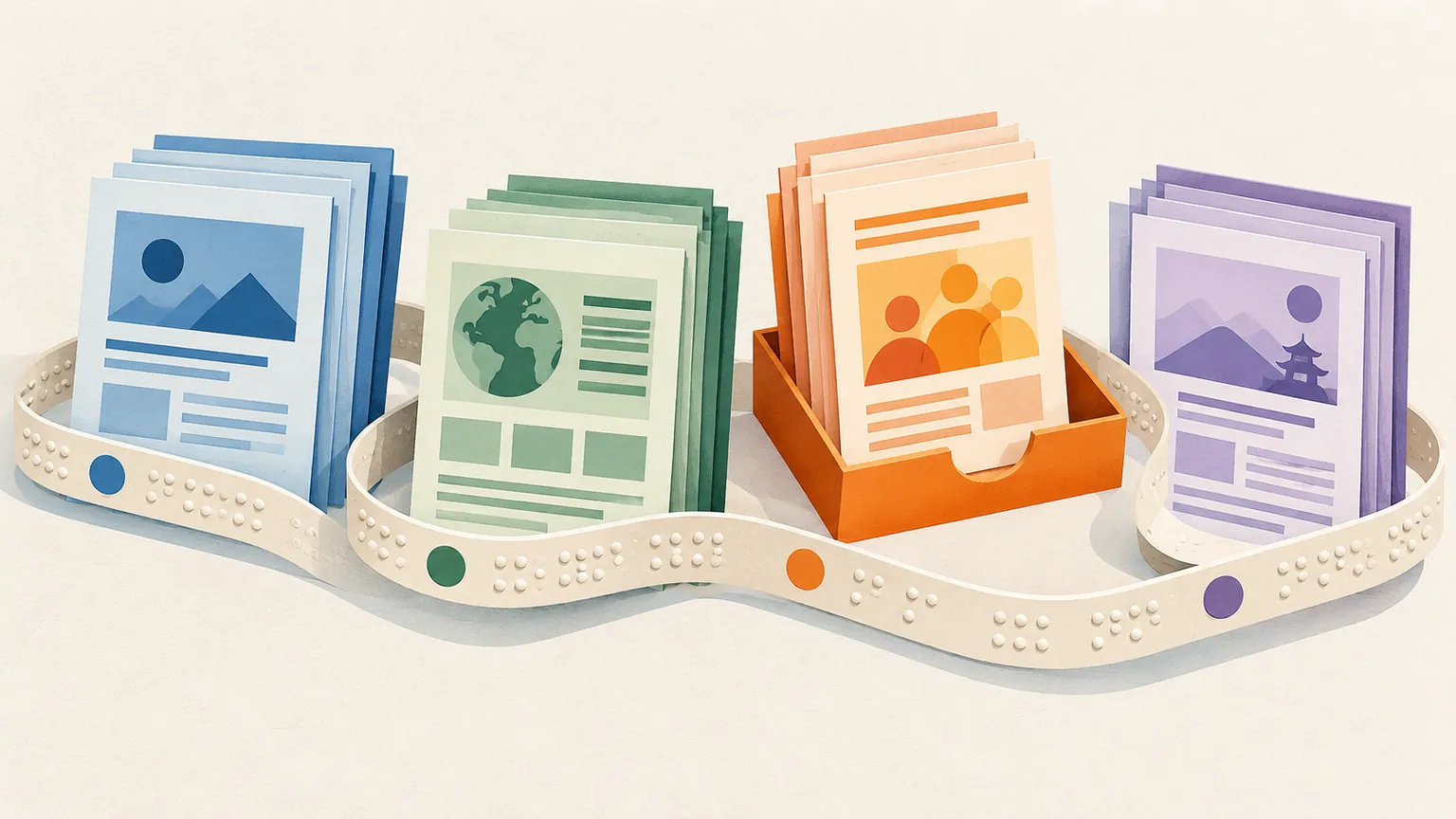 Illustrated document stacks linked by a reading-order ribbon near an orange tray