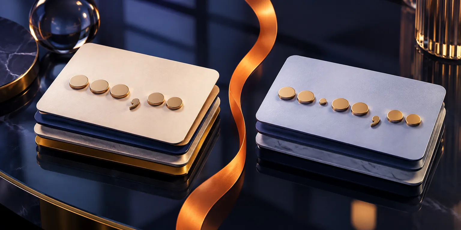 Abstract price-card stacks separated by an orange ribbon on a dark tabletop