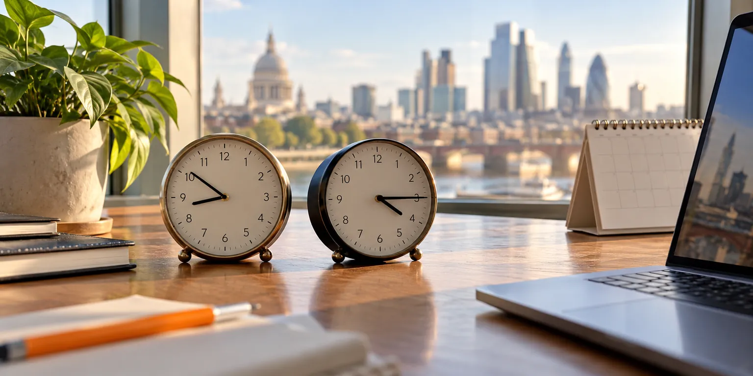 Two analog clocks and an orange pencil beside a desk calendar