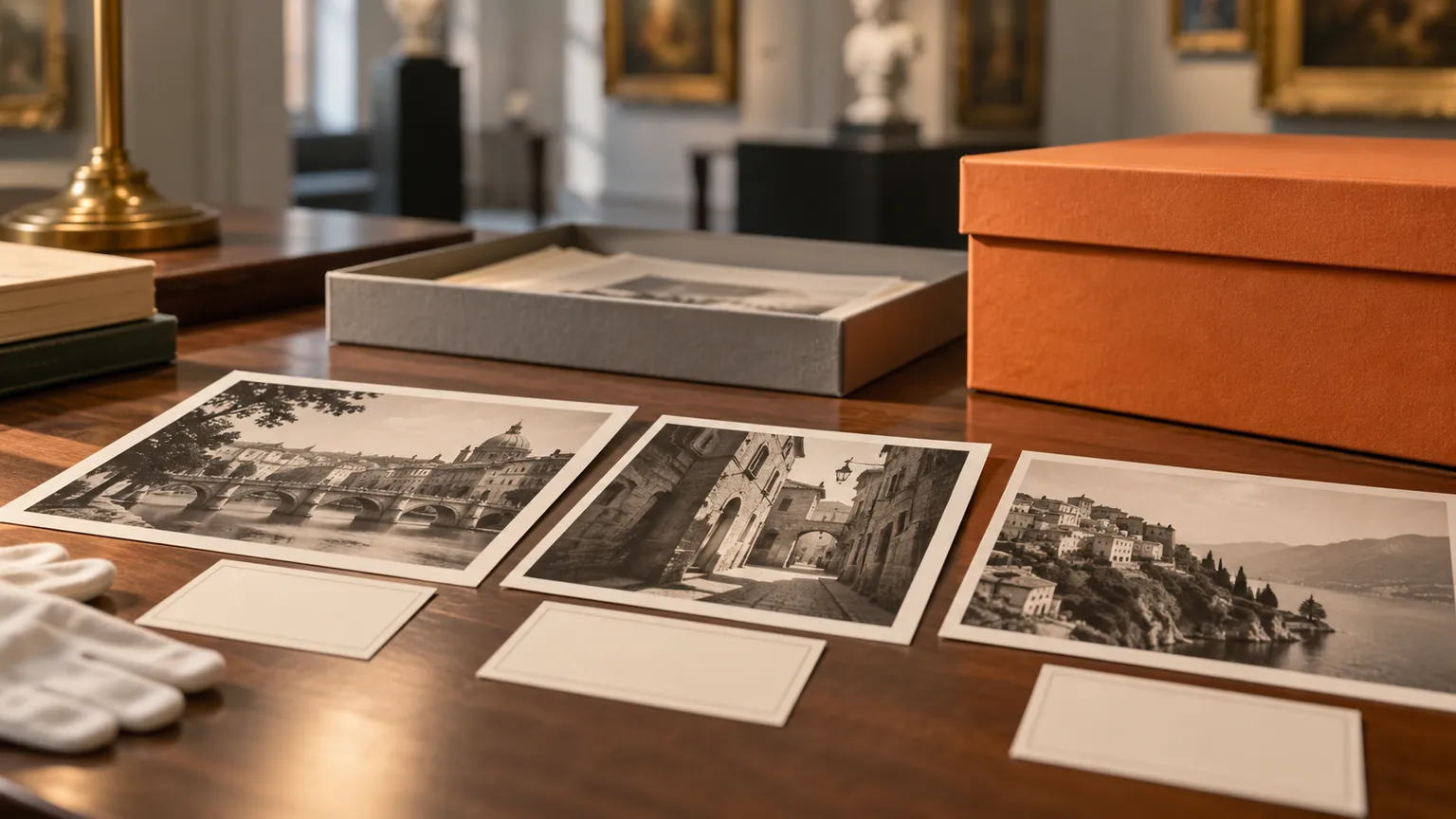 Archival-style prints and provenance cards beside an orange box on a museum table