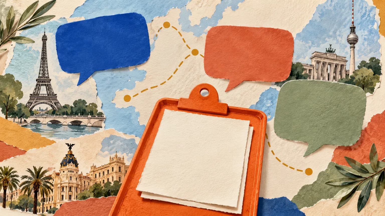 Three colored speech cards gathered around an orange tray in a paper collage