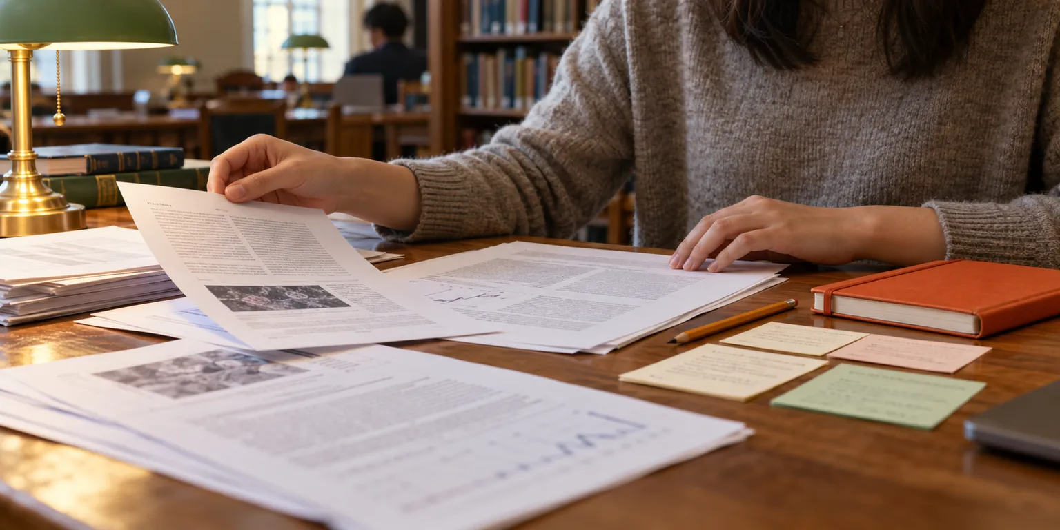 Researcher sorting citation cards and article printouts beside an orange notebook