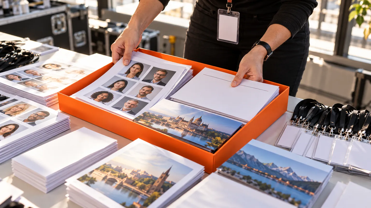 Conference producer assembling portrait proofs and biography pages in an orange tray