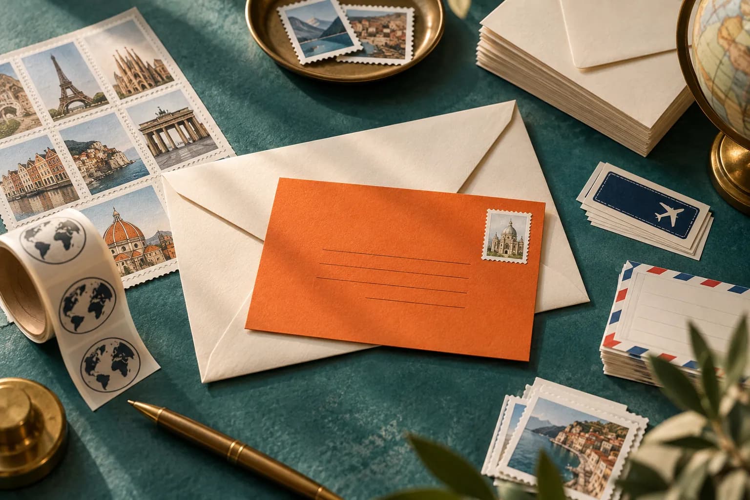 International mailing labels and cream envelopes beside an orange address card