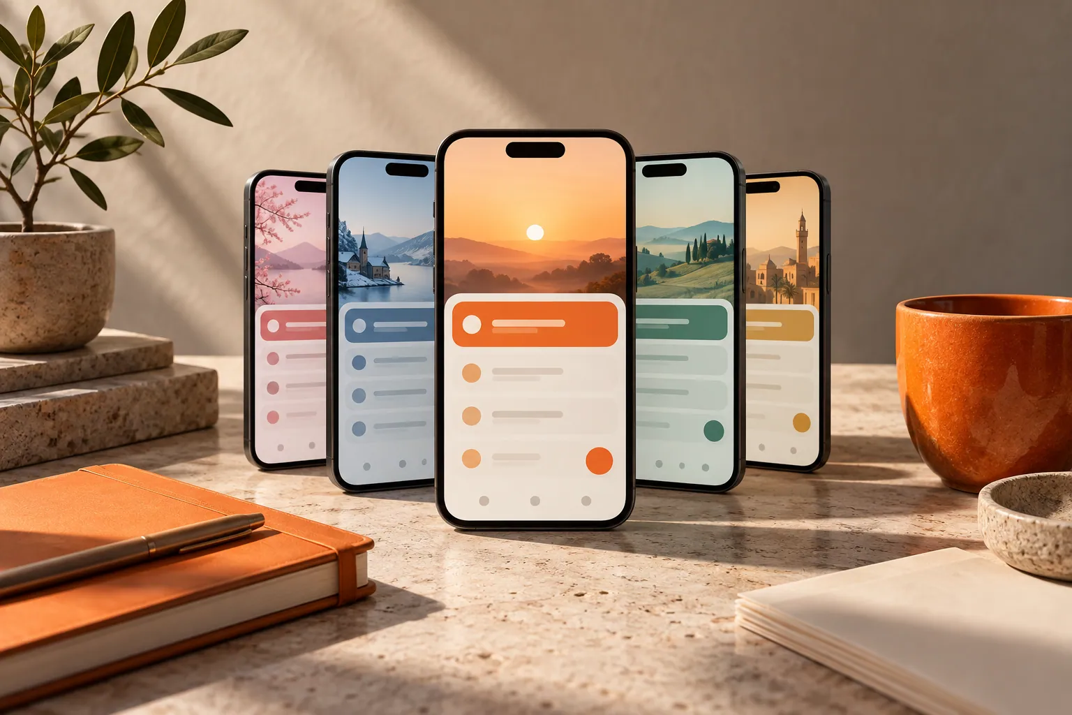 Smartphone screenshot frames arranged by language colorway on a stone table